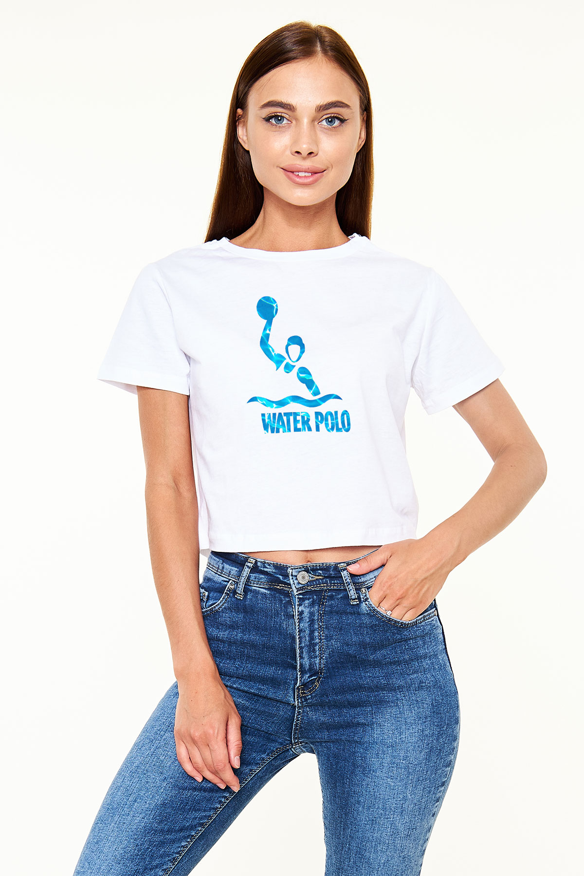 Su Topu Baskılı Crop Top Beyaz Tişört - T-shirt