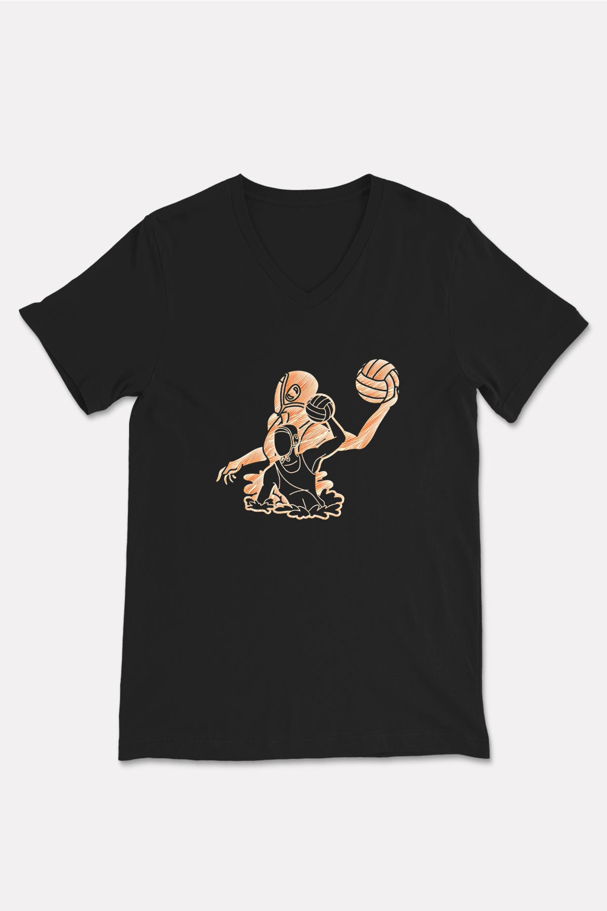 Su Topu - Water Polo Baskılı Unisex Siyah V Yaka Tişört