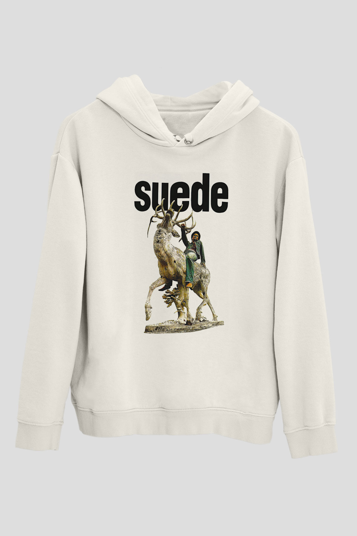 Suede Baskılı Beyaz Unisex Kapüşonlu Sweatshirt