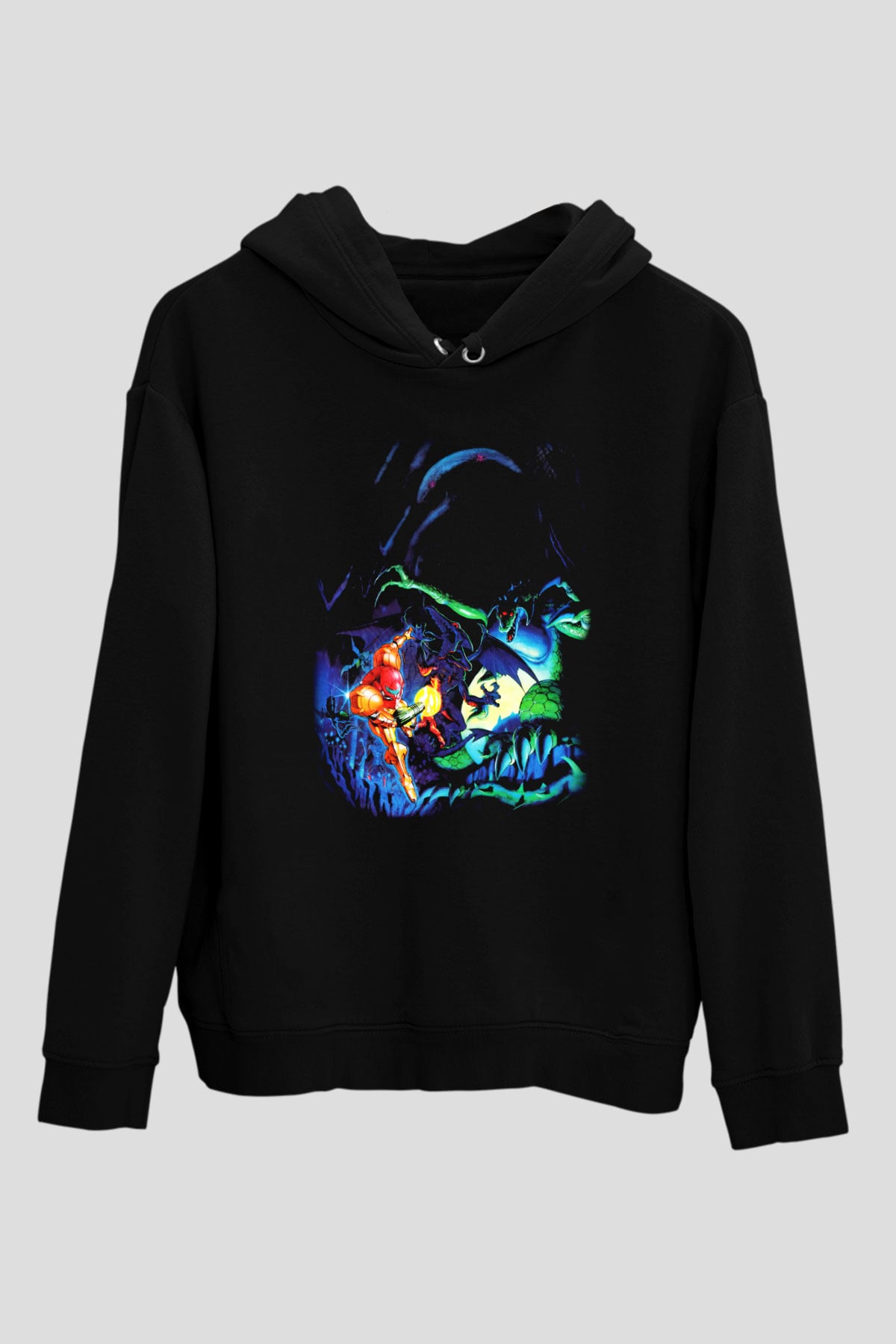 Super Metroid Cartridge Art Siyah Unisex Kapüşonlu Sweatshirt