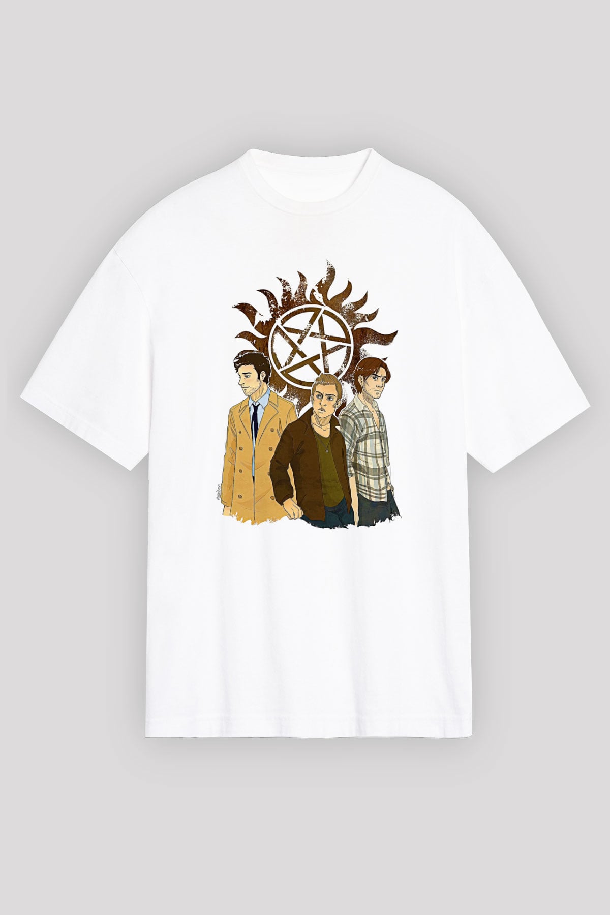 Supernatural Baskılı Beyaz Unisex Oversize Tişört - Tshirt
