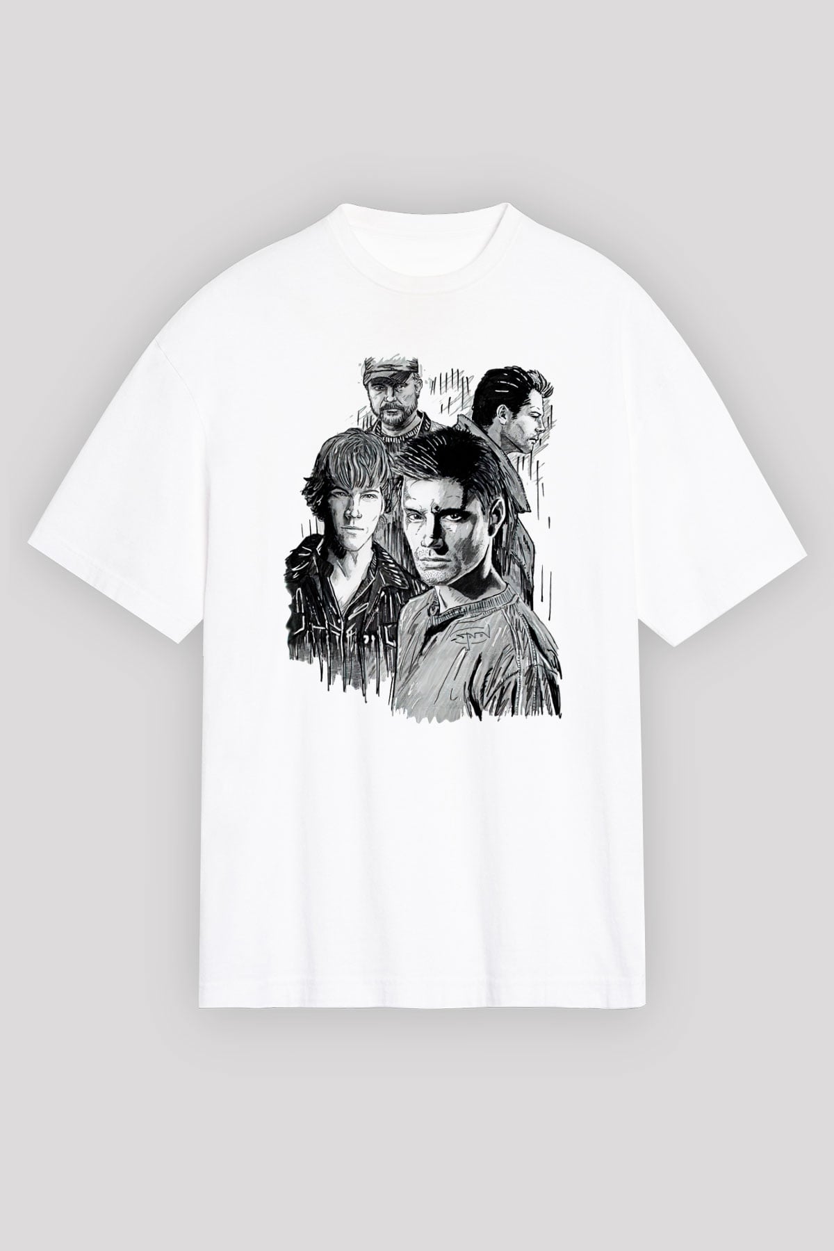 Supernatural Baskılı Beyaz Unisex Oversize Tişört - Tshirt