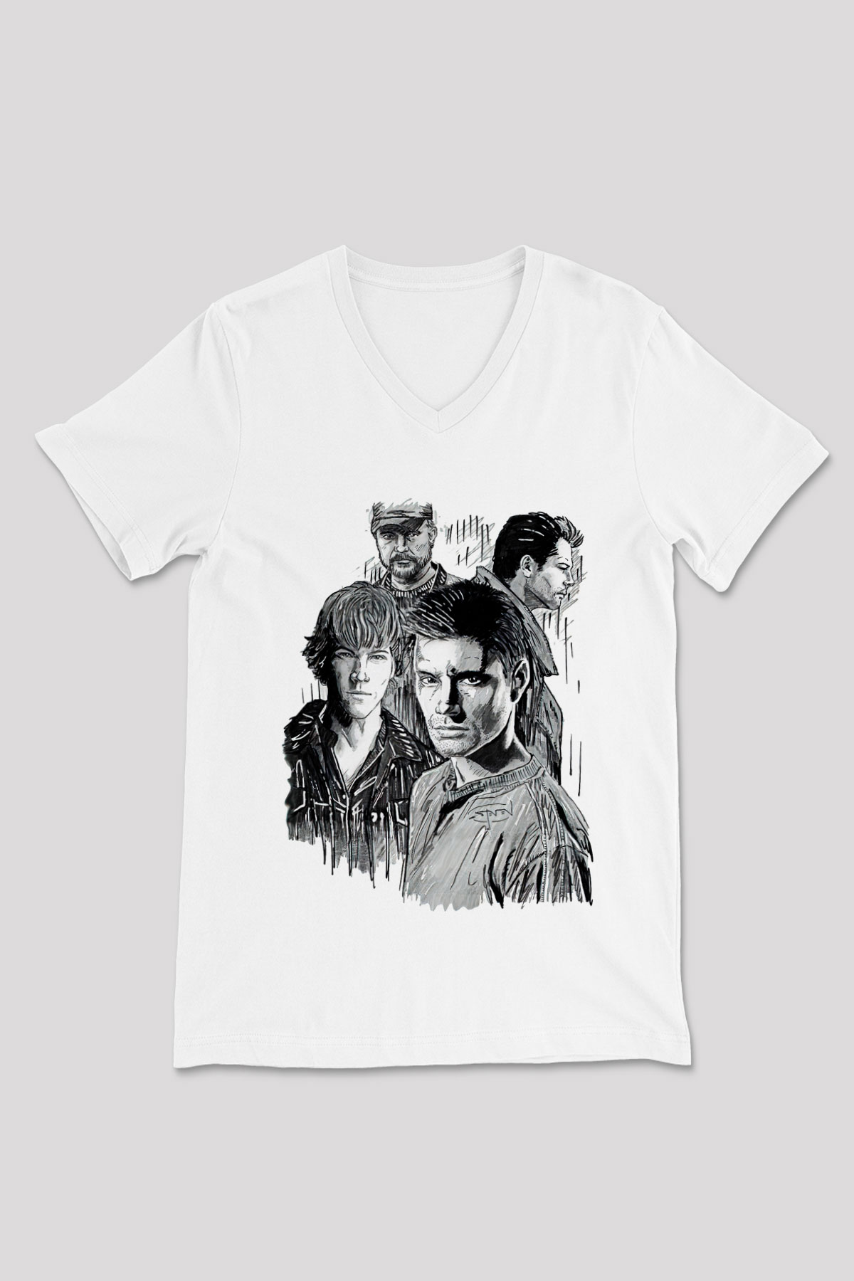 Supernatural Baskılı Beyaz Unisex V Yaka Tişört - Tshirt