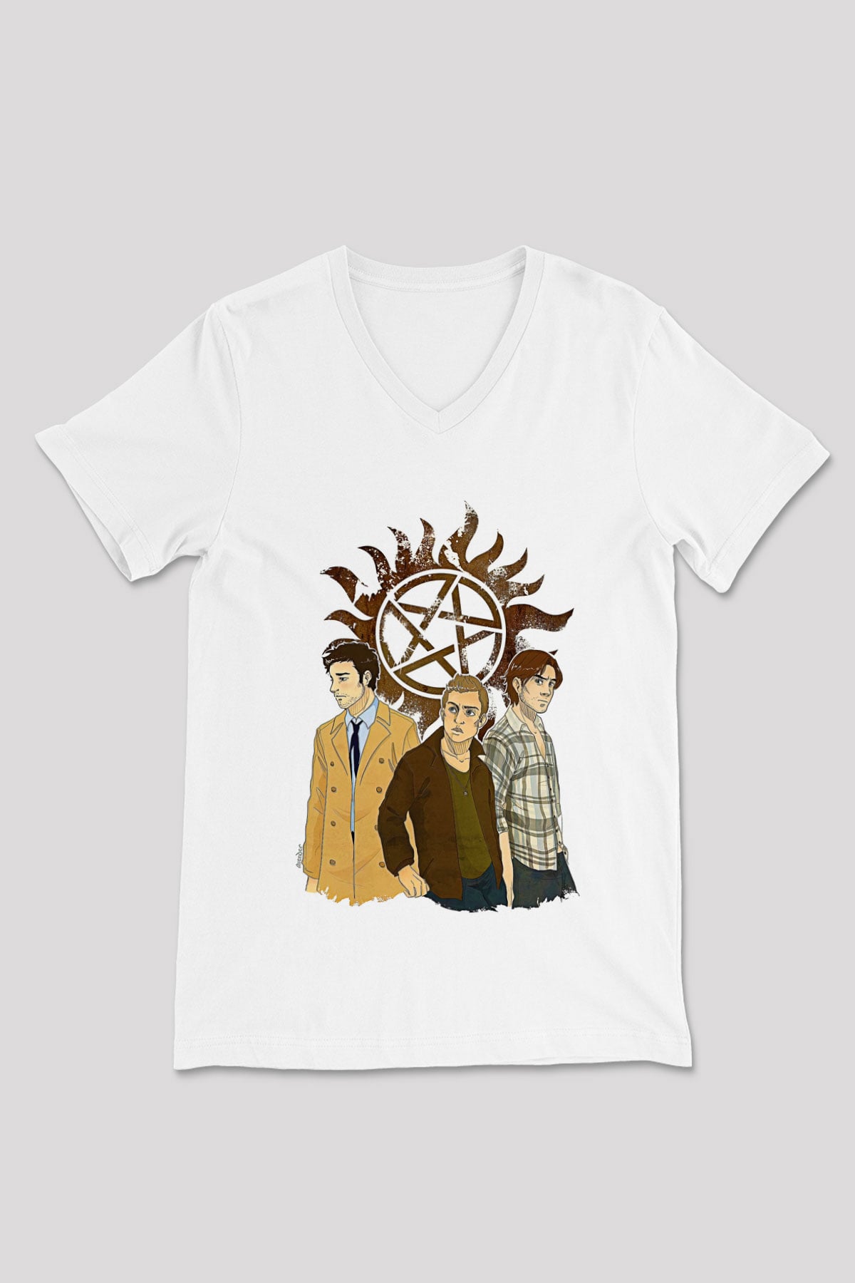 Supernatural Baskılı Beyaz Unisex V Yaka Tişört - Tshirt