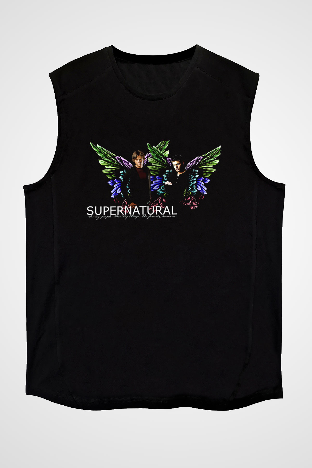 Supernatural Baskılı Unisex Siyah Kolsuz Tişört - Tshirt