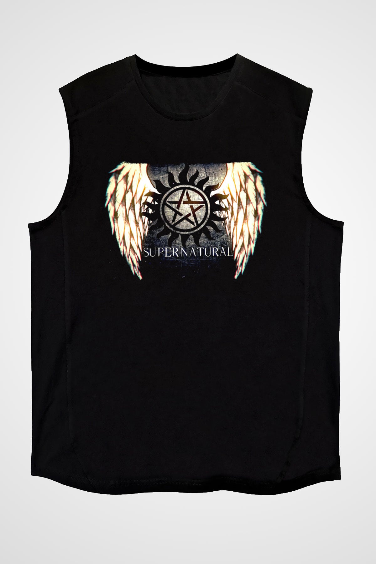 Supernatural Baskılı Unisex Siyah Kolsuz Tişört - Tshirt
