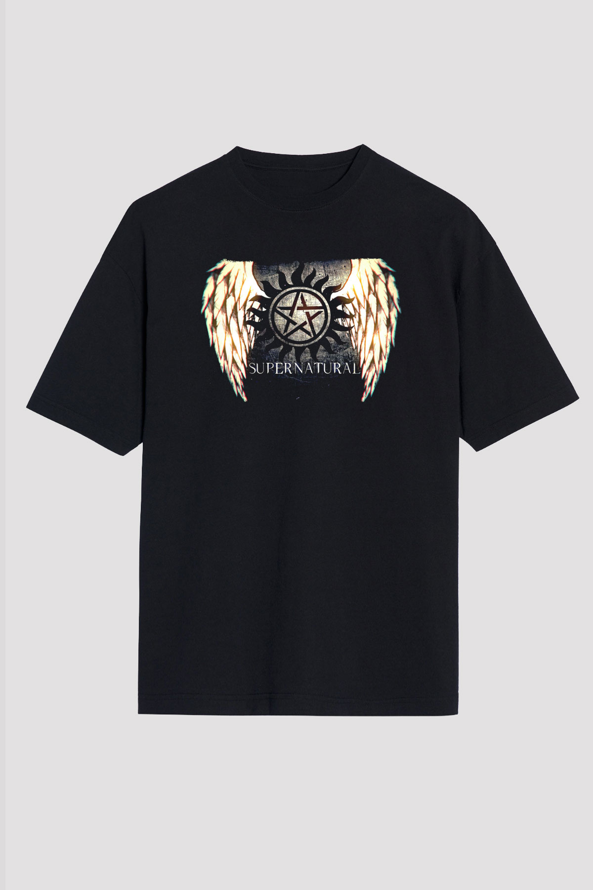 Supernatural Baskılı Unisex Siyah Oversize Tişört - Tshirt