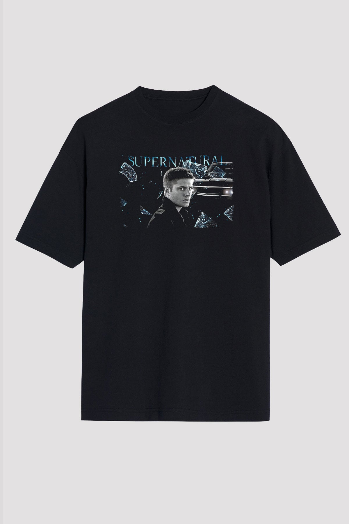 Supernatural Baskılı Unisex Siyah Oversize Tişört - Tshirt