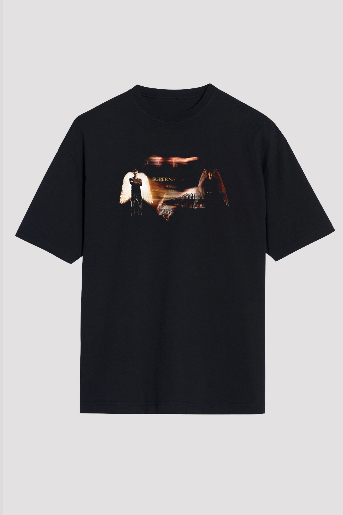 Supernatural Baskılı Unisex Siyah Oversize Tişört - Tshirt
