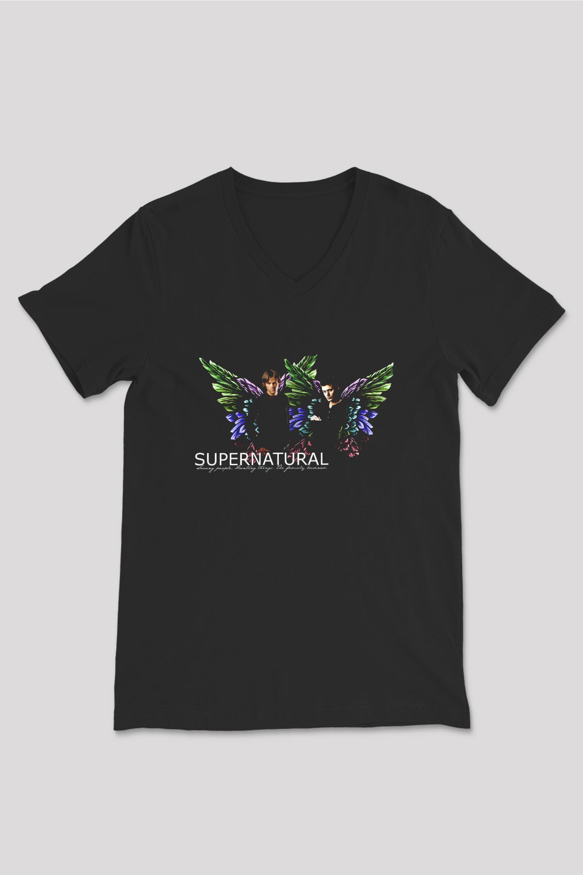 Supernatural Baskılı Unisex Siyah V Yaka Tişört - Tshirt
