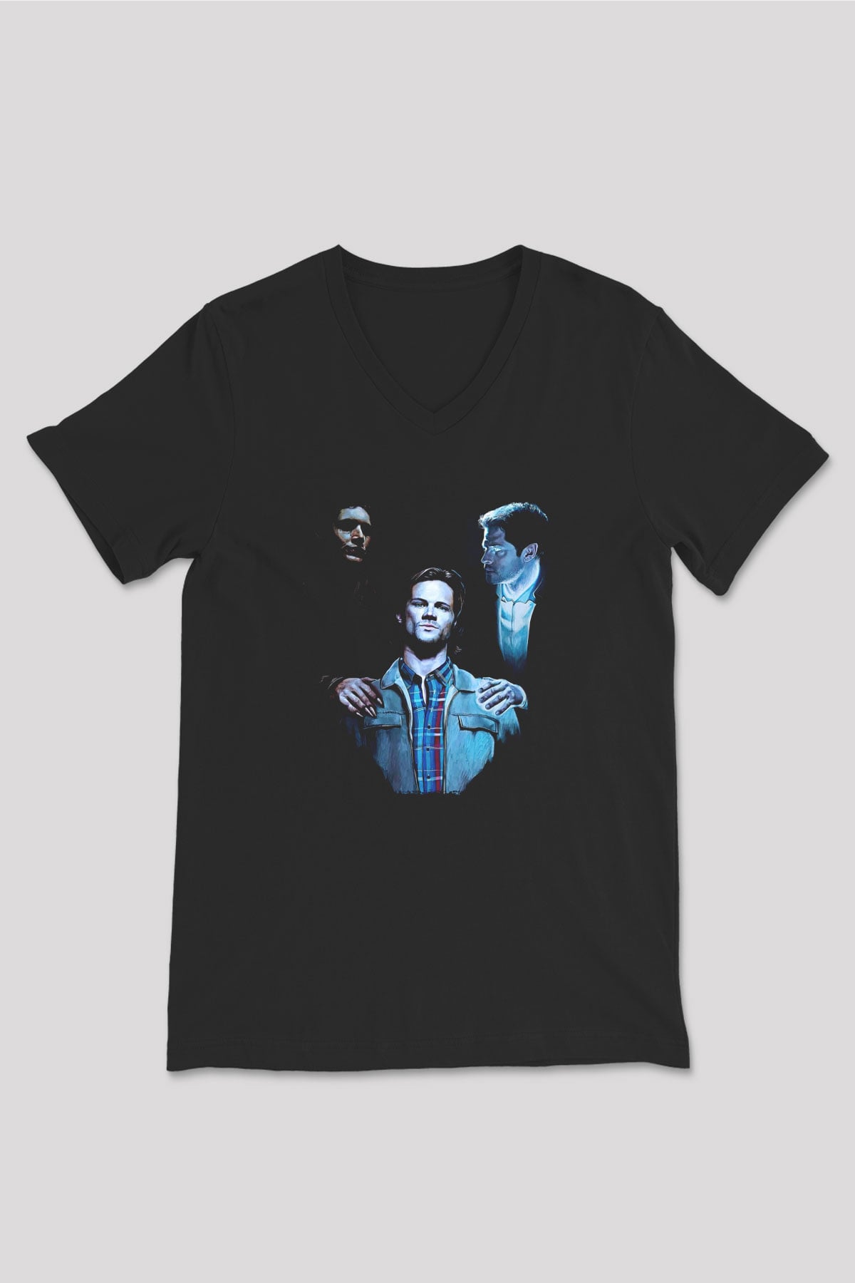 Supernatural Baskılı Unisex Siyah V Yaka Tişört - Tshirt