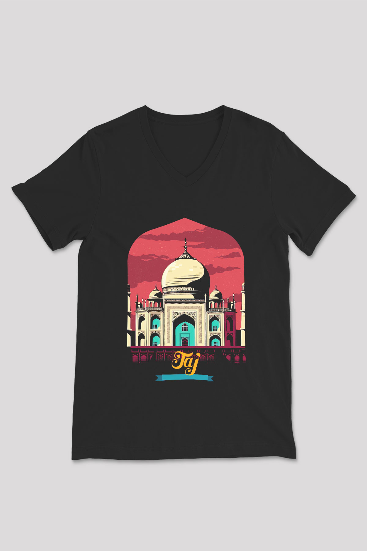 Tac Mahal Siyah Unisex V Yaka Tişört T-Shirt