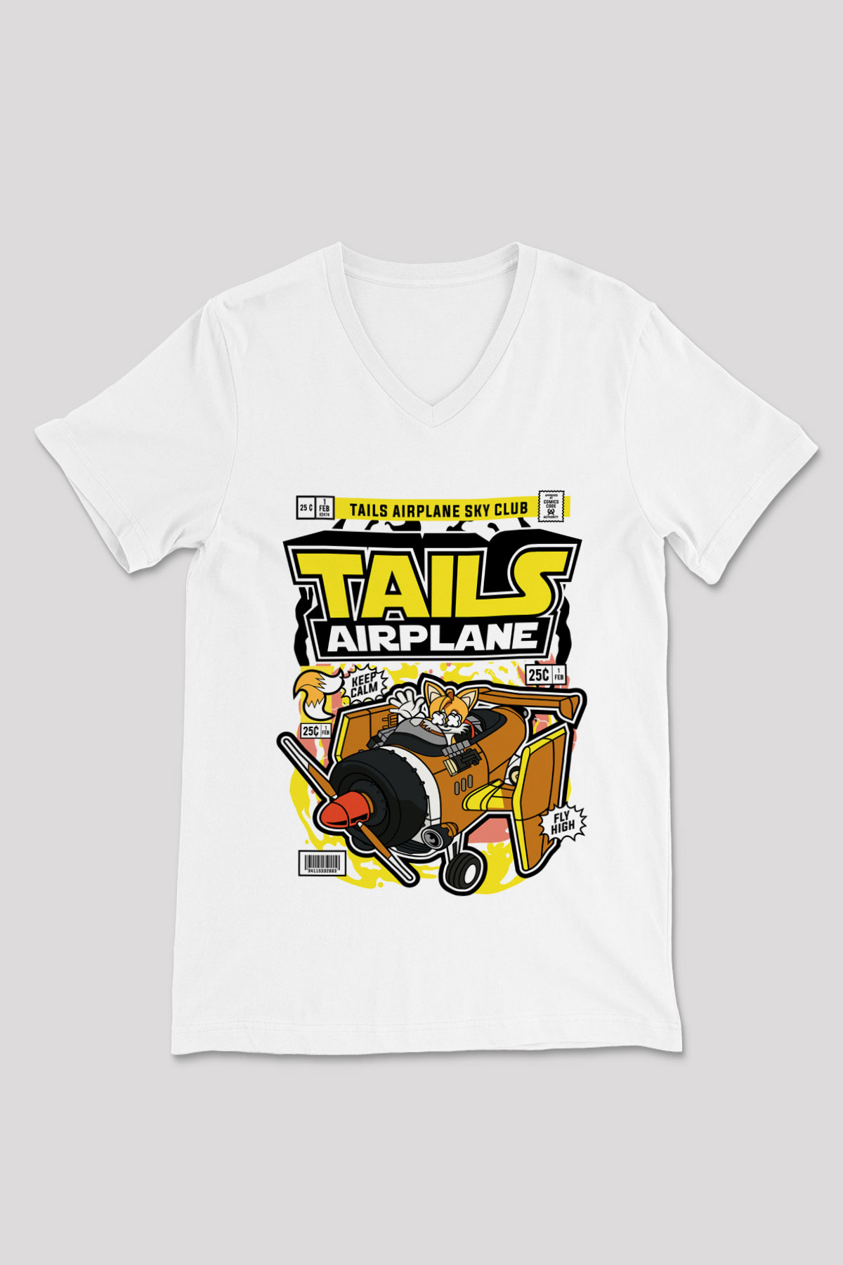 Tails Airplane  Baskılı Unisex Beyaz V Yaka Tişört