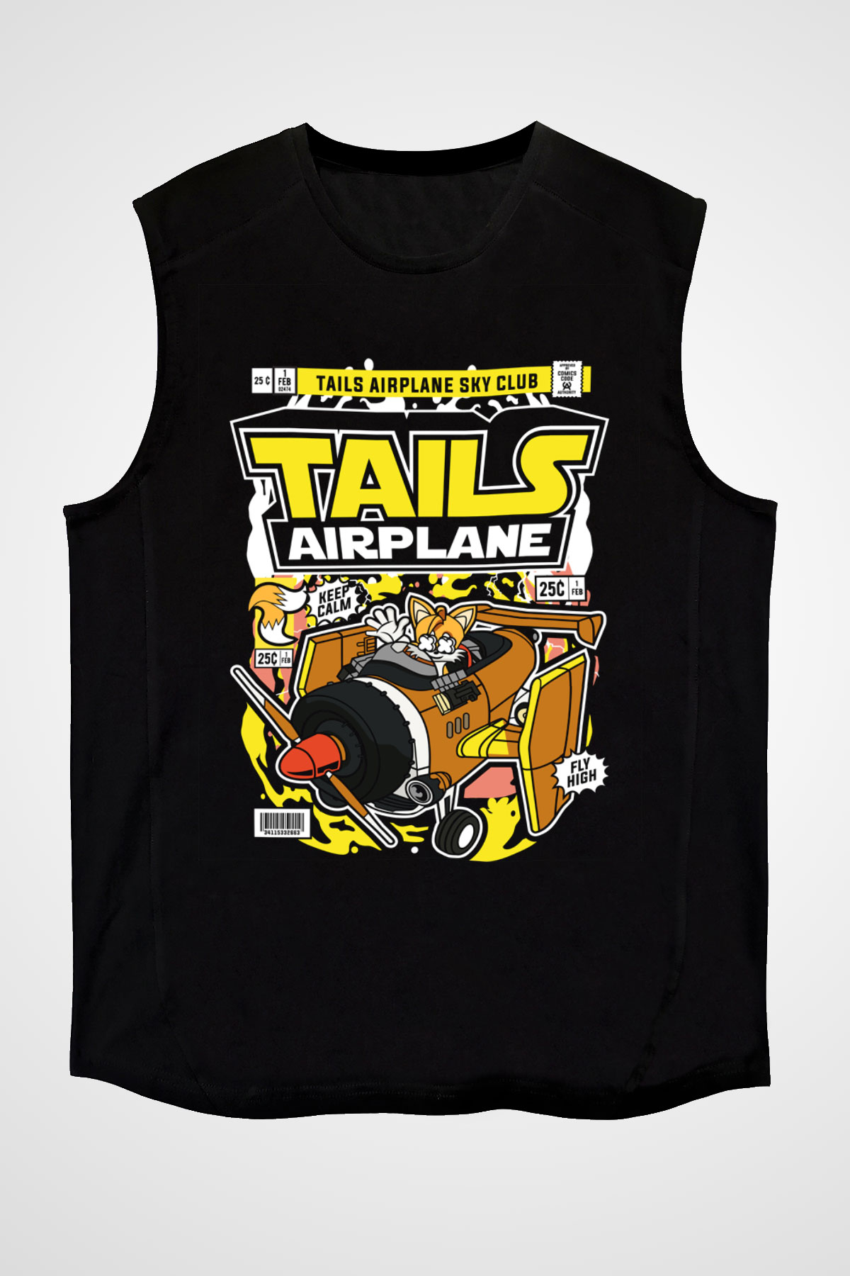 Tails Airplane Baskılı Unisex Siyah Kolsuz Tişört
