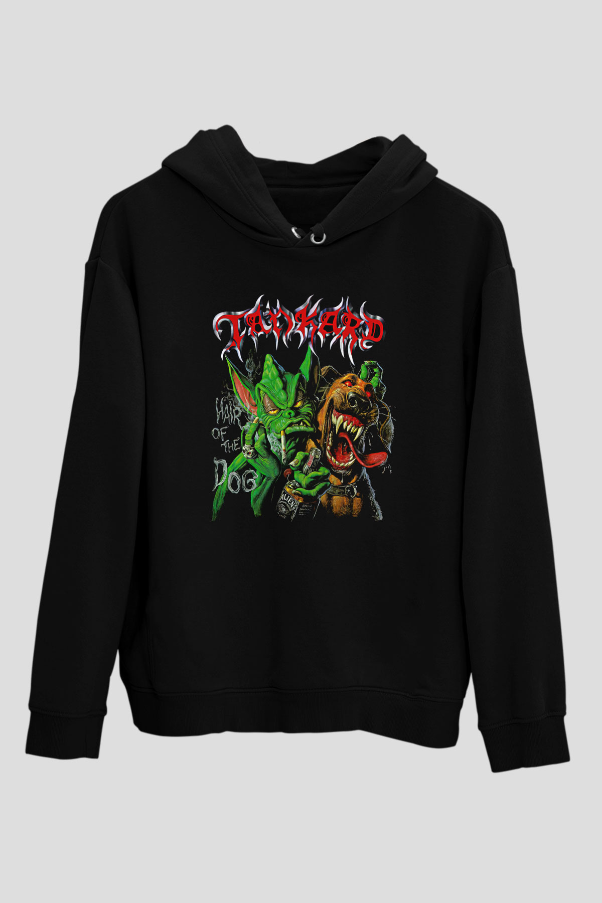 Tankard Baskılı Unisex Siyah Kapüşonlu Sweatshirt
