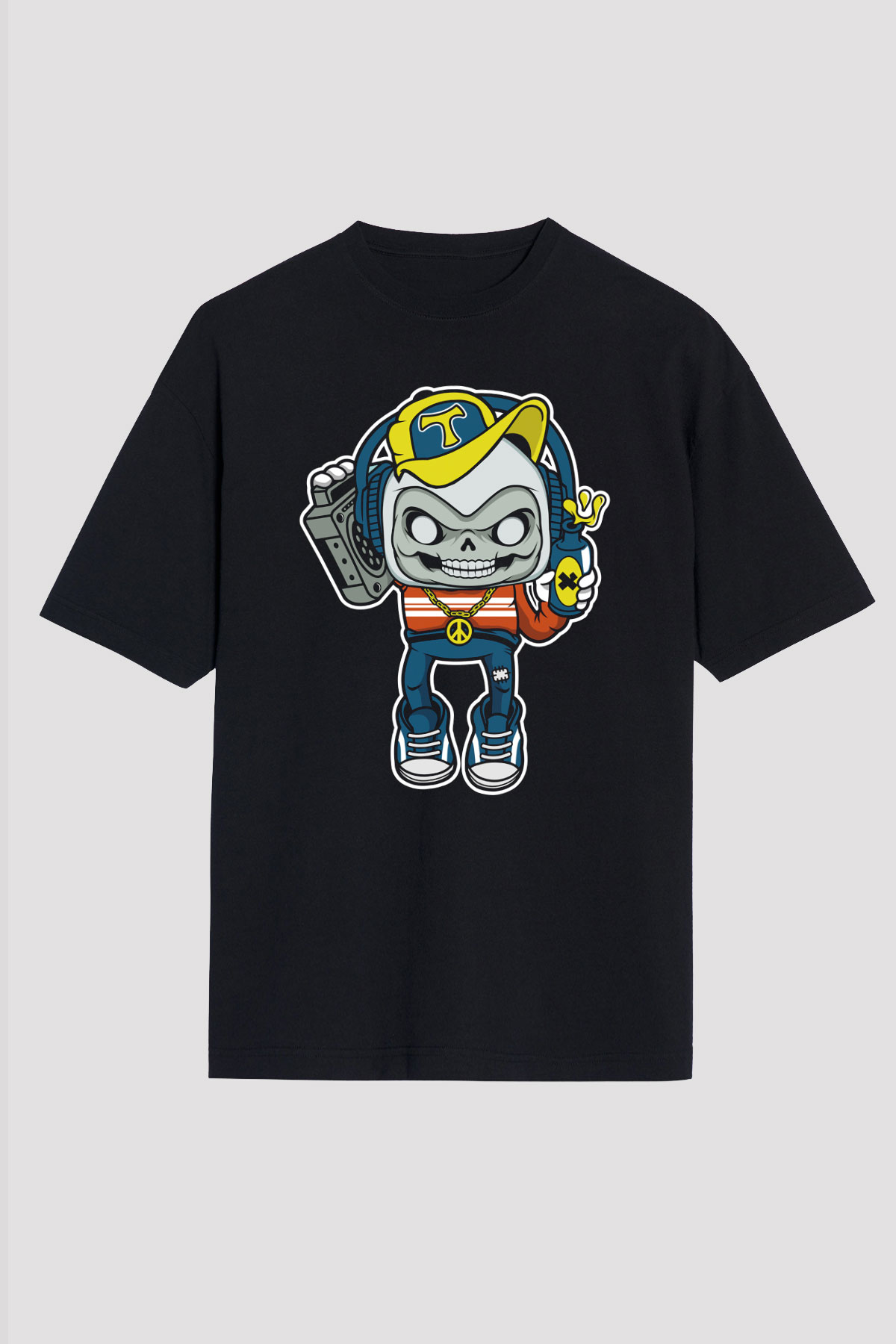 Task Master Skull Boombox Baskılı Unisex Siyah Oversize Tişört