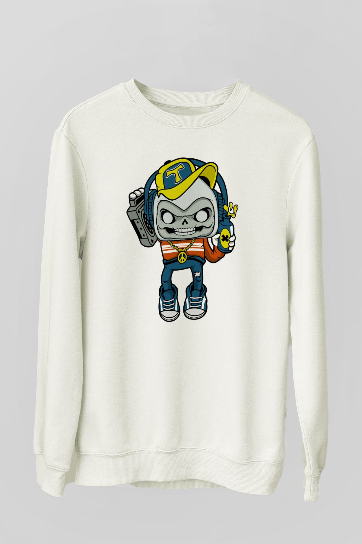Task Master Skull Boombox Baskılı Unisex Beyaz Sweatshirt
