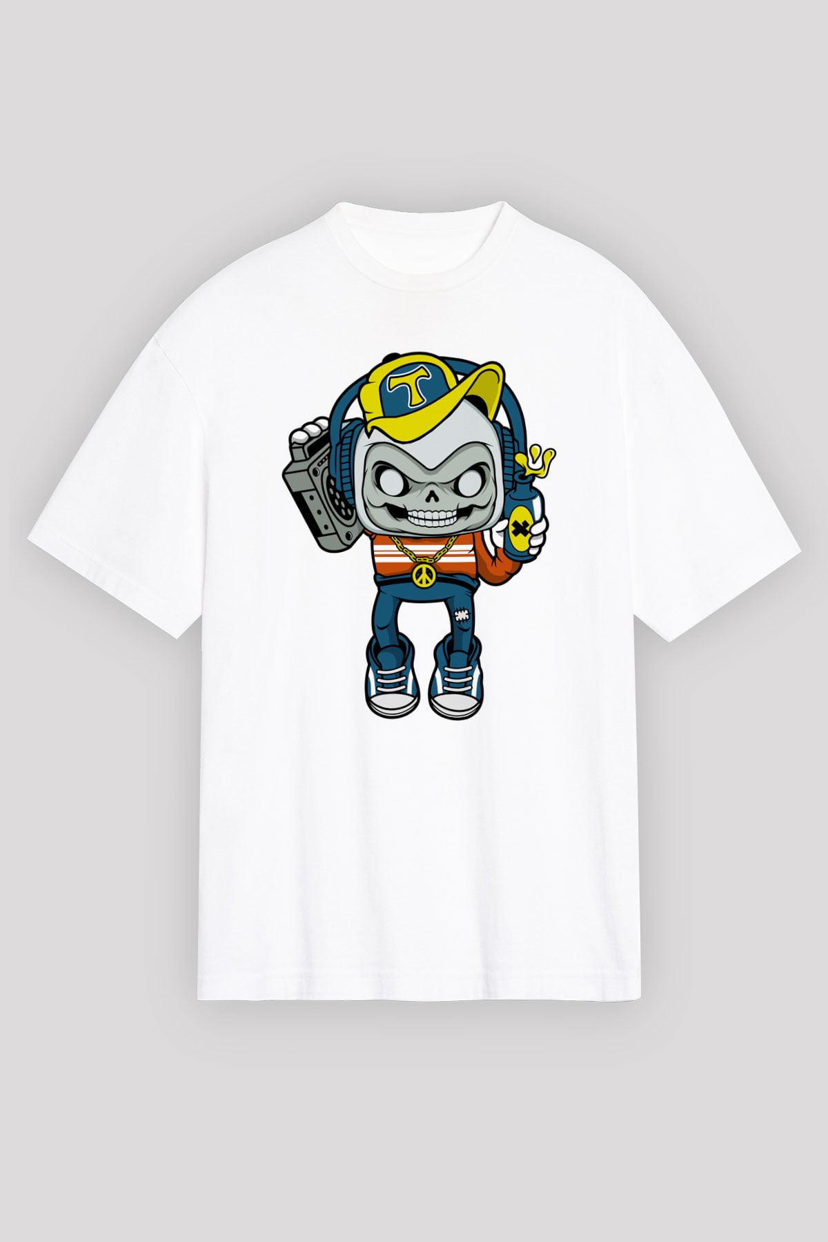 Task Master Skull Boombox Baskılı Unisex Beyaz Oversize Tişört