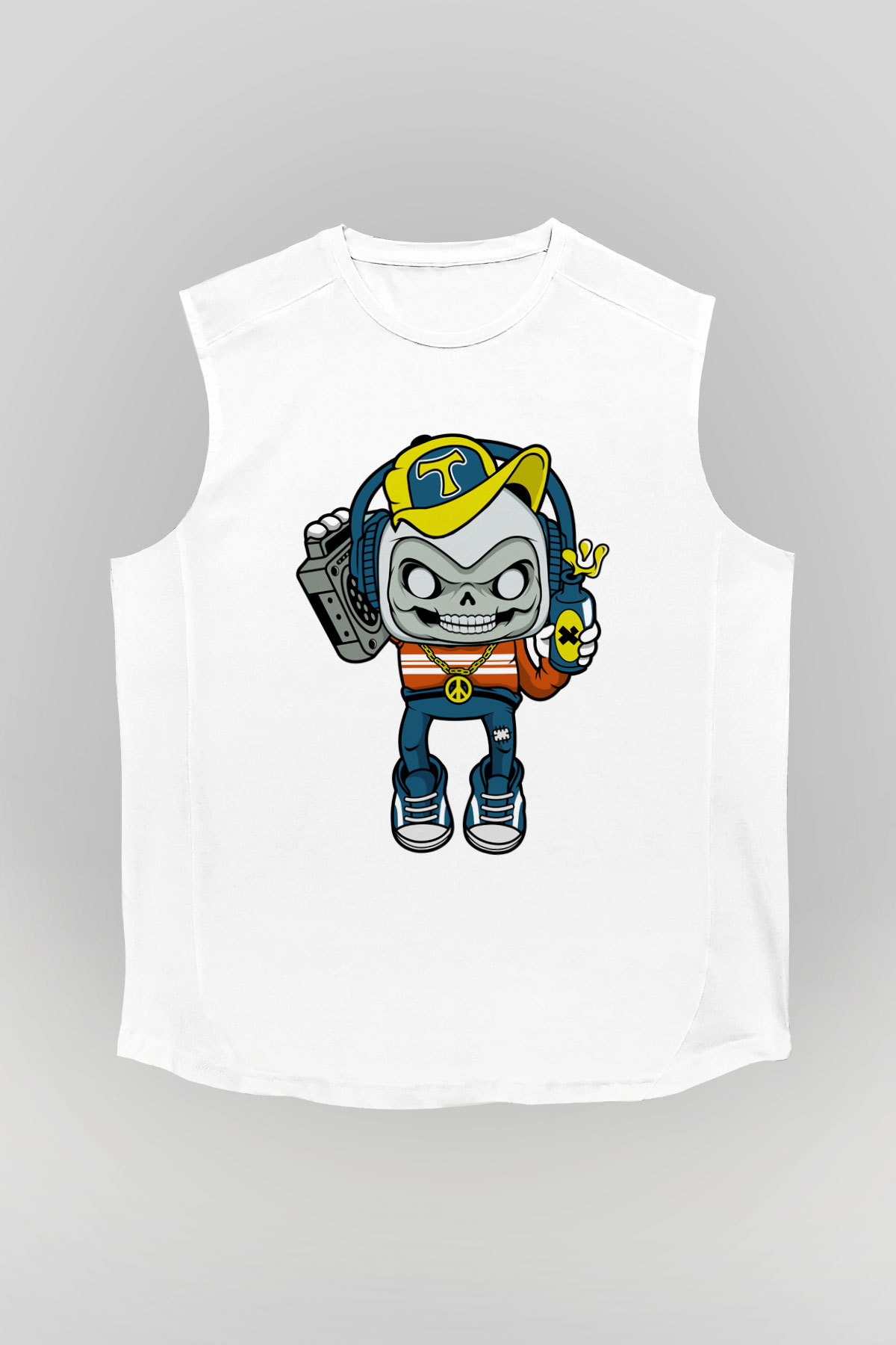 Task Master Skull Boombox Baskılı Unisex Beyaz Kolsuz Tişört