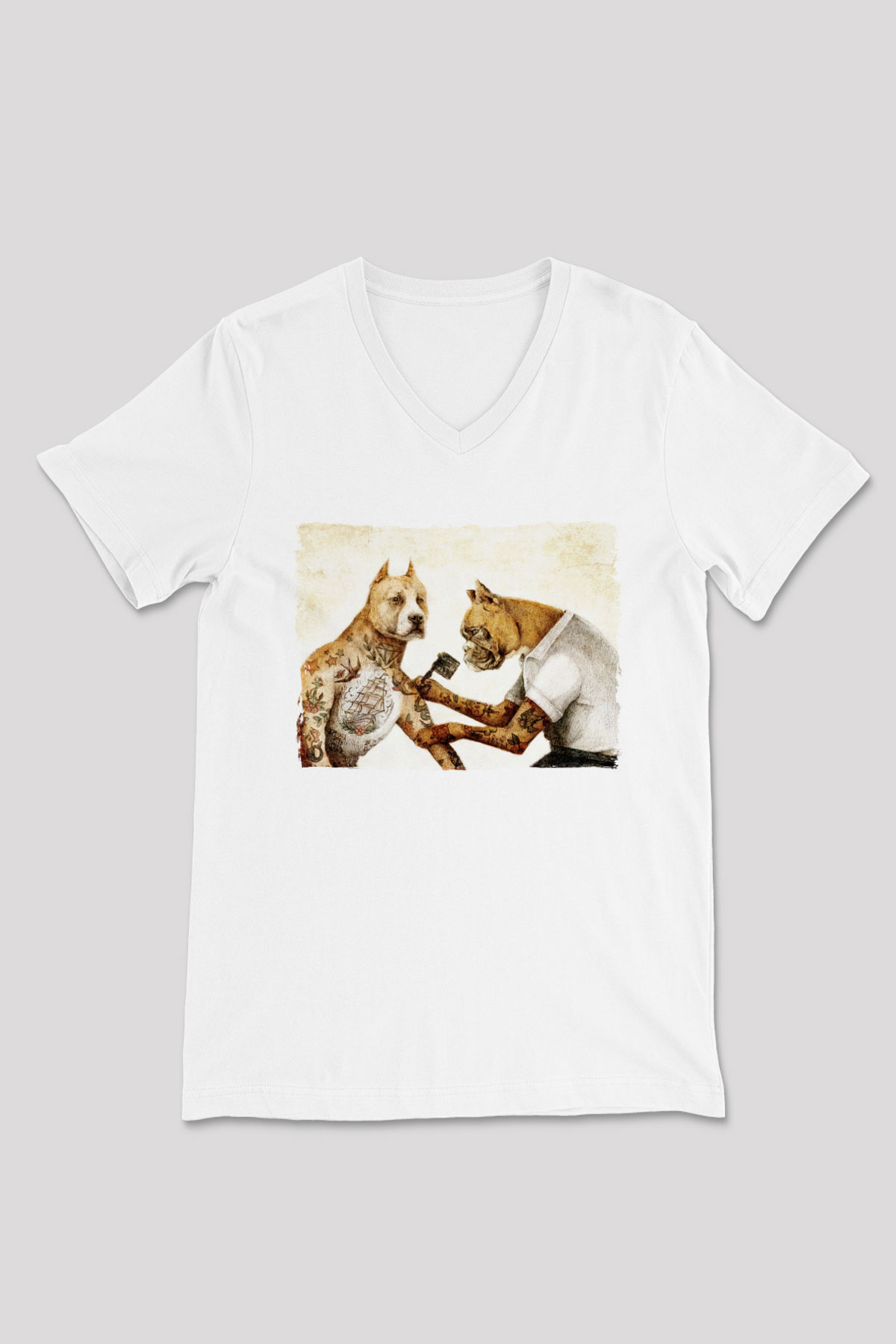 Tatoo Pitbull Baskılı Unisex Beyaz  V Yaka Tişört