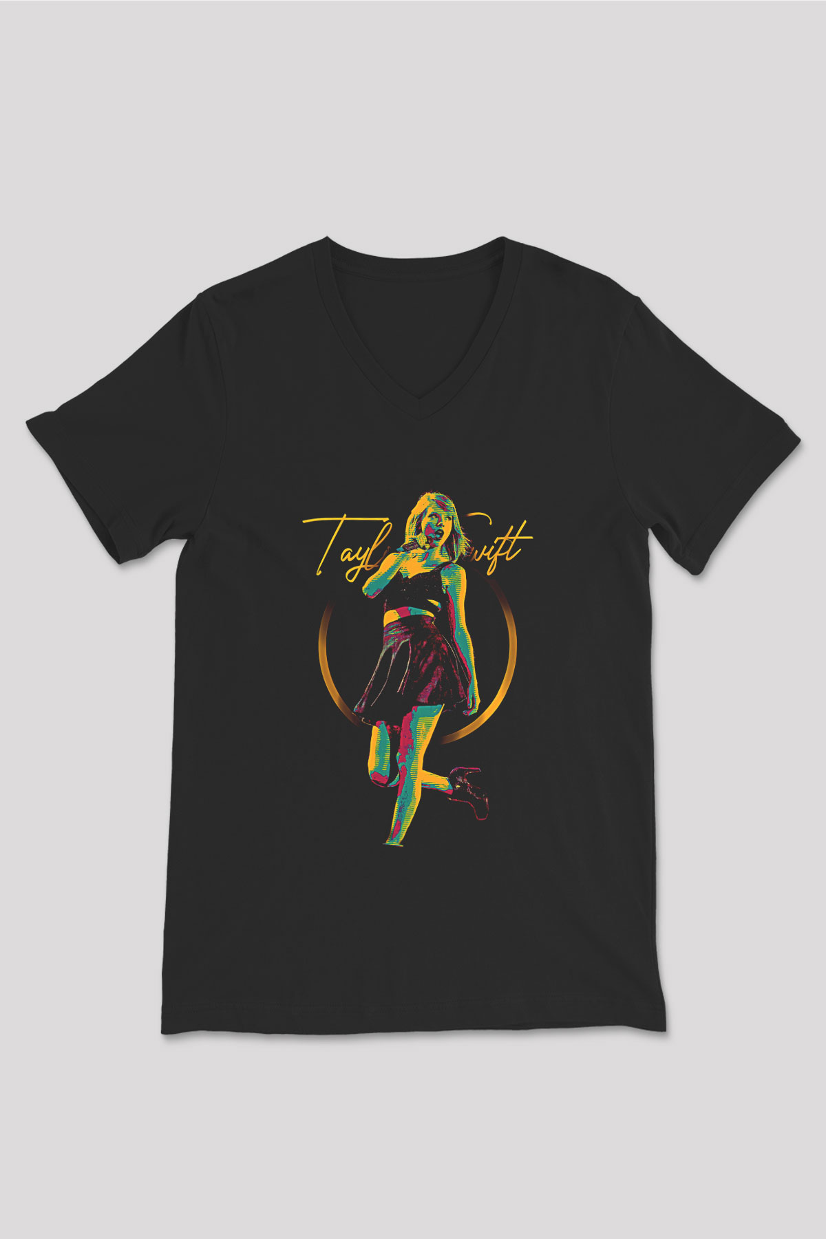 Taylor Swift Baskılı Baskılı Unisex Siyah V Yaka Tişört - Tshirt