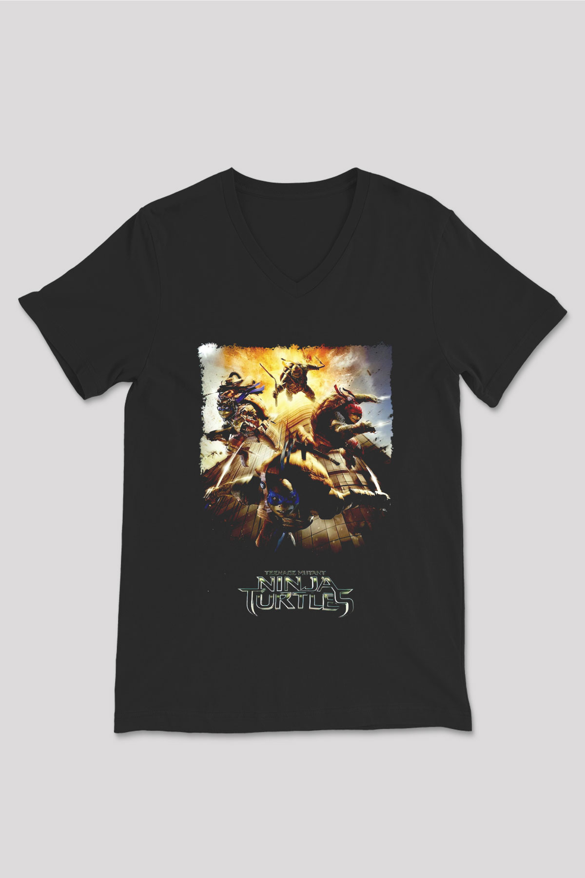 Teenage Mutant Ninja Turtles Ninja Kaplumbağalar Siyah Unisex  V Yaka Tişört