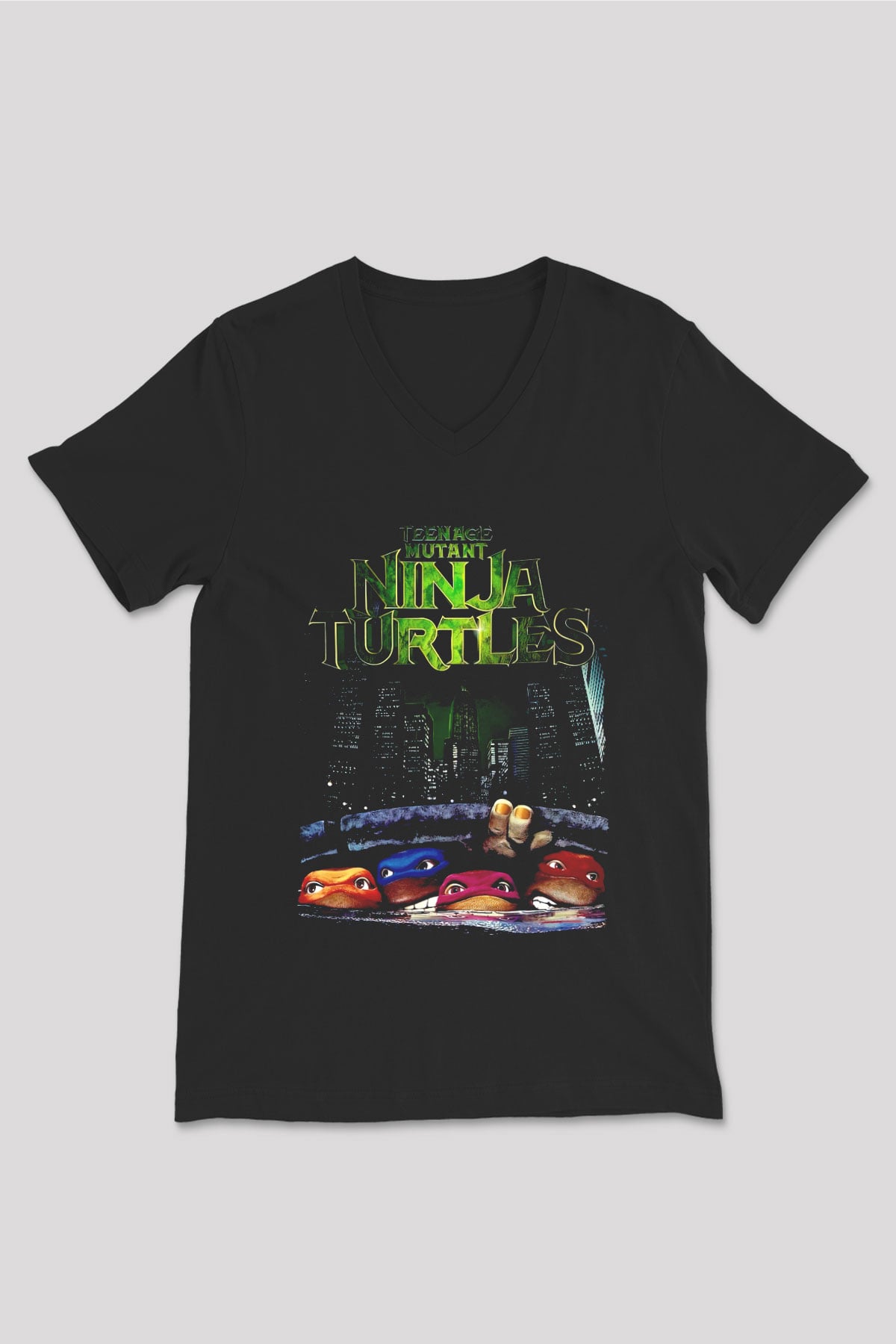 Teenage Mutant Ninja Turtles Ninja Kaplumbağalar Siyah Unisex  V Yaka Tişört