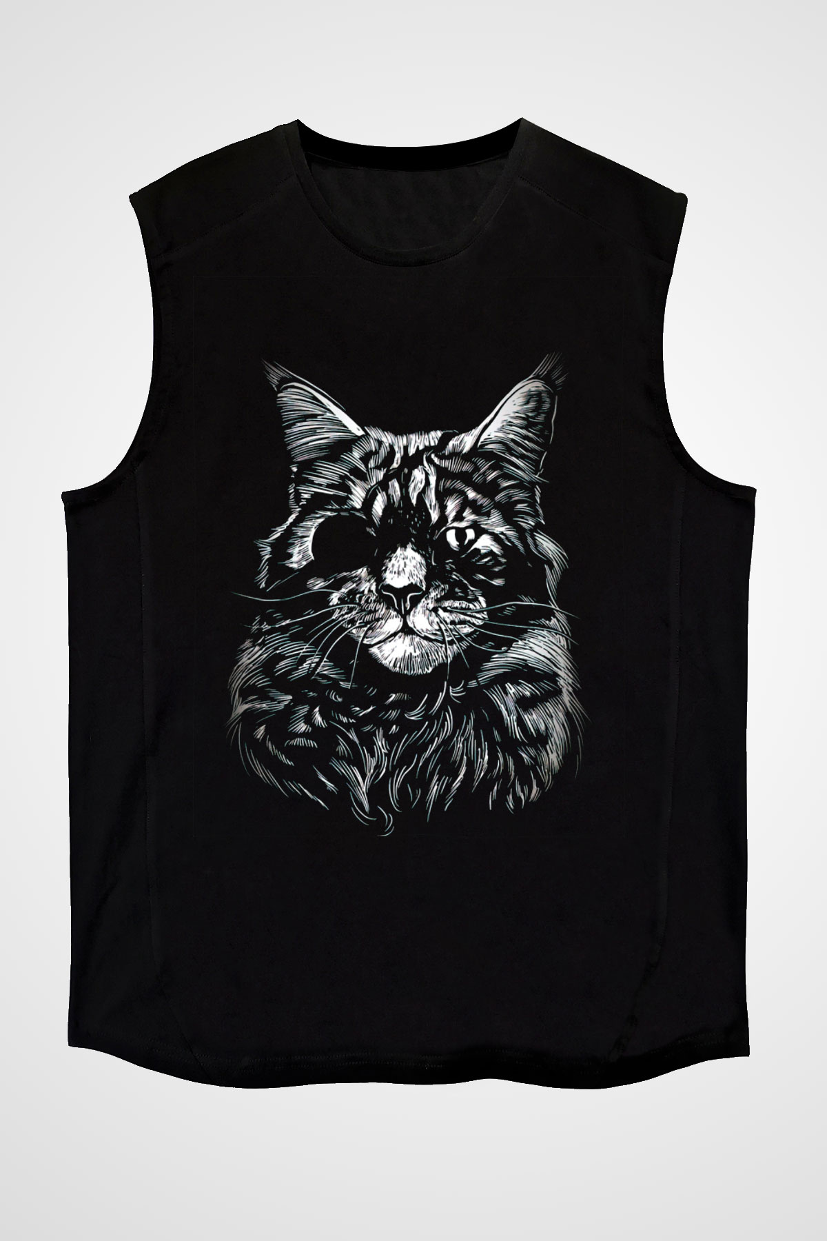 Tek Gözlü Kedi Baskılı Unisex Siyah  Kolsuz Tişört