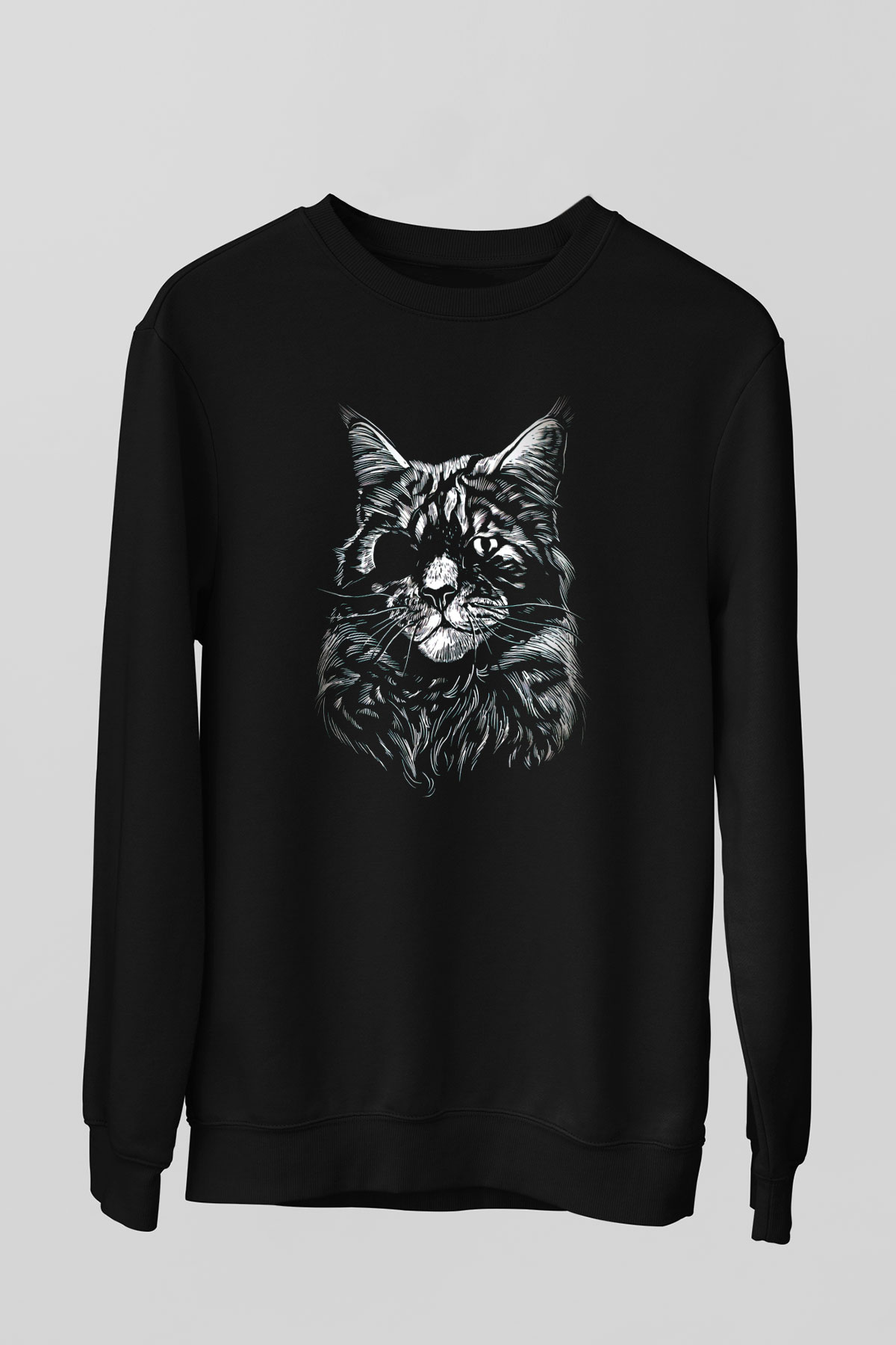 Tek Gözlü Kedi Baskılı Unisex Siyah  Sweatshirt