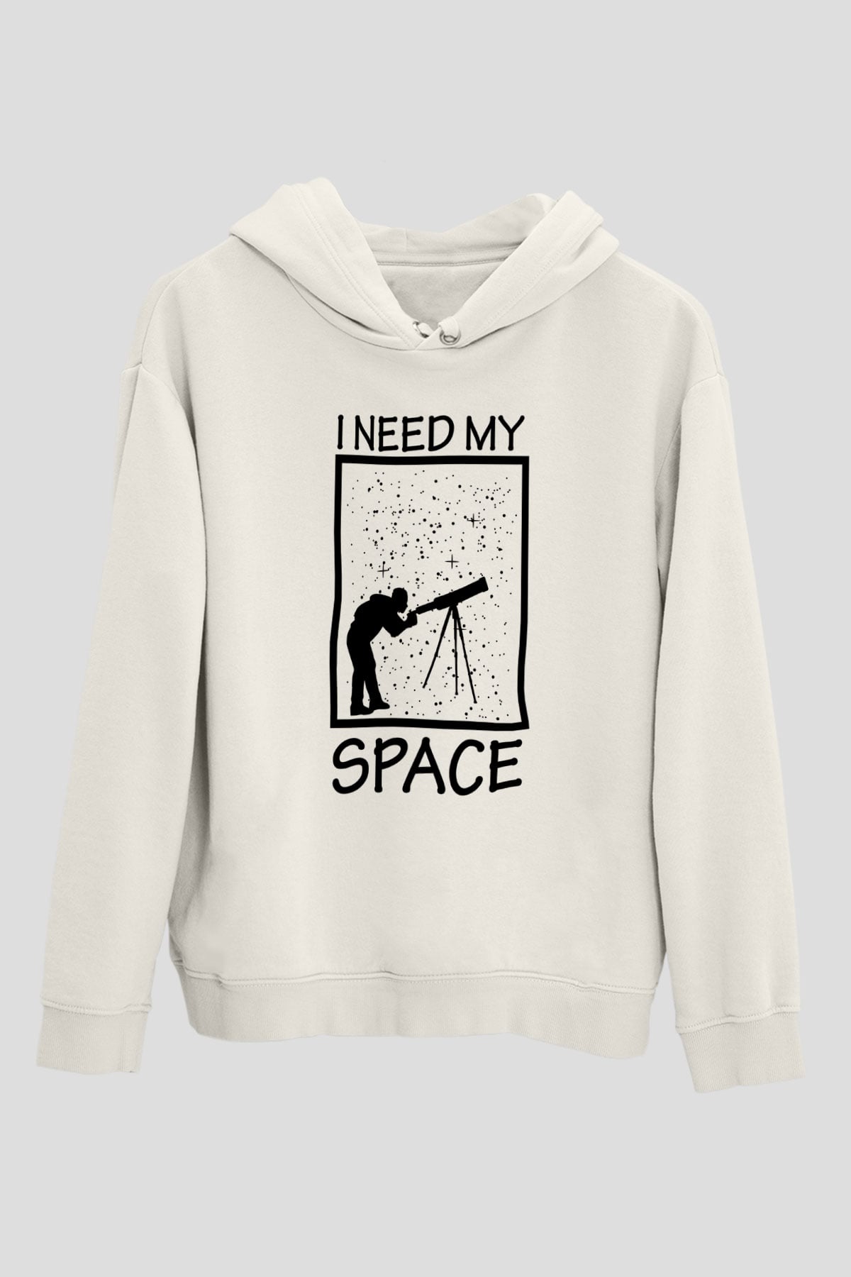 Teleskop Astronomi Baskılı Unisex Ekru Hoodie