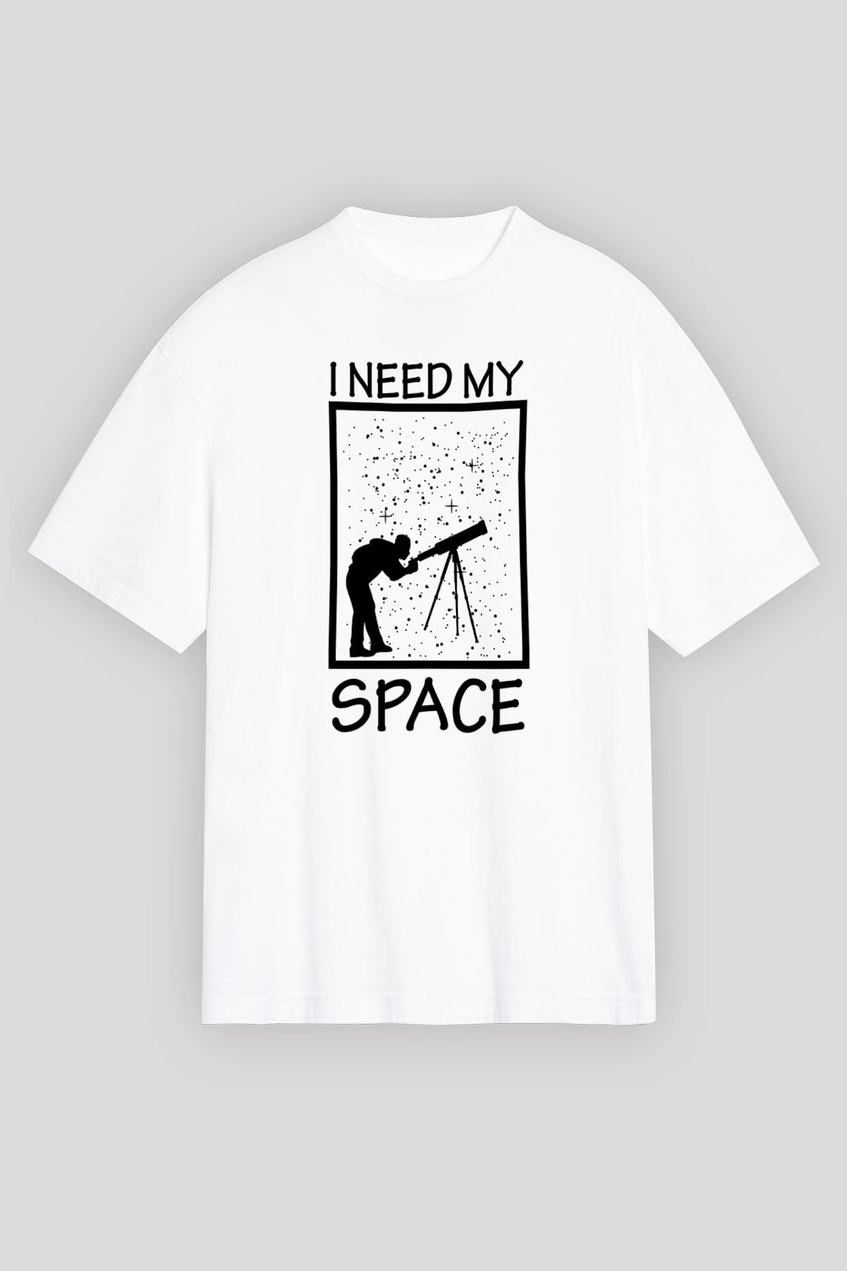 Teleskop Astronomi Baskılı Unisex Oversize Beyaz Tişört - Tshirt