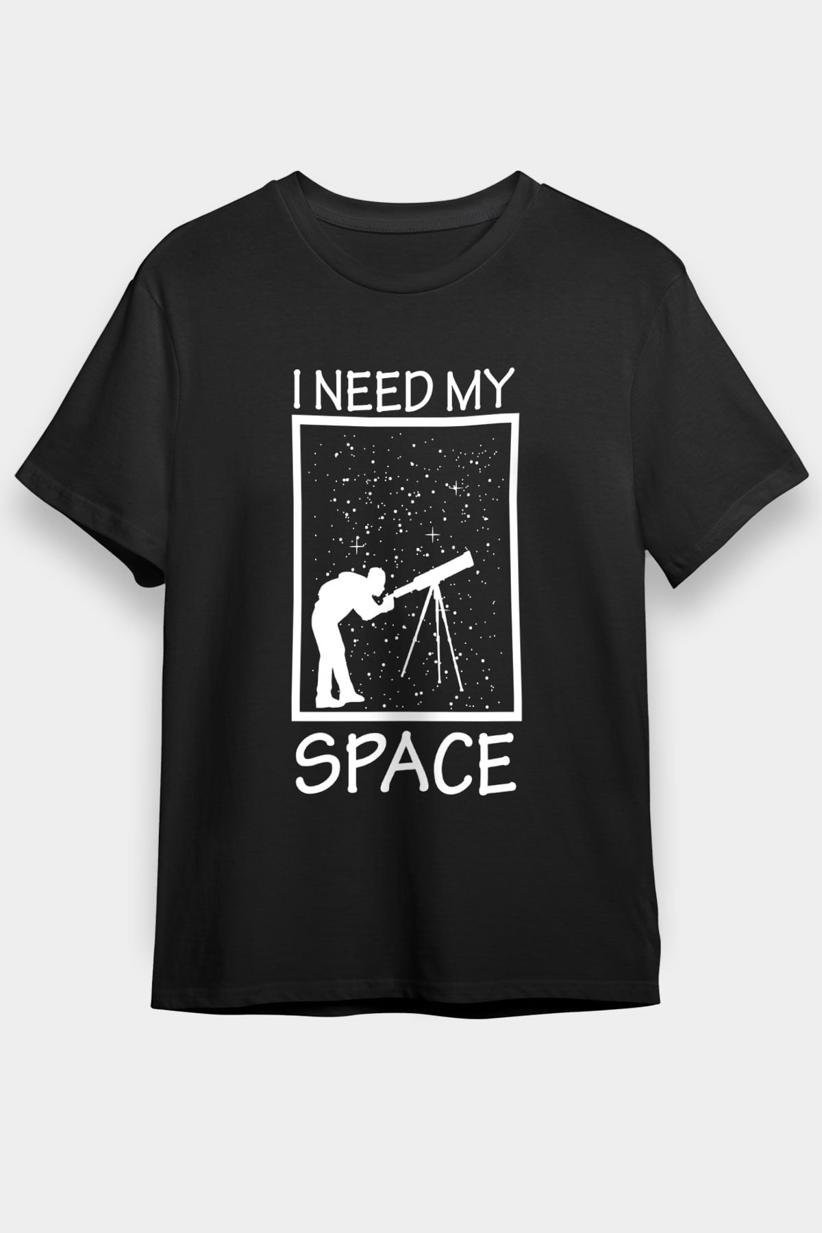 Teleskop Astronomi Baskılı Unisex Siyah Tişört - Tshirt