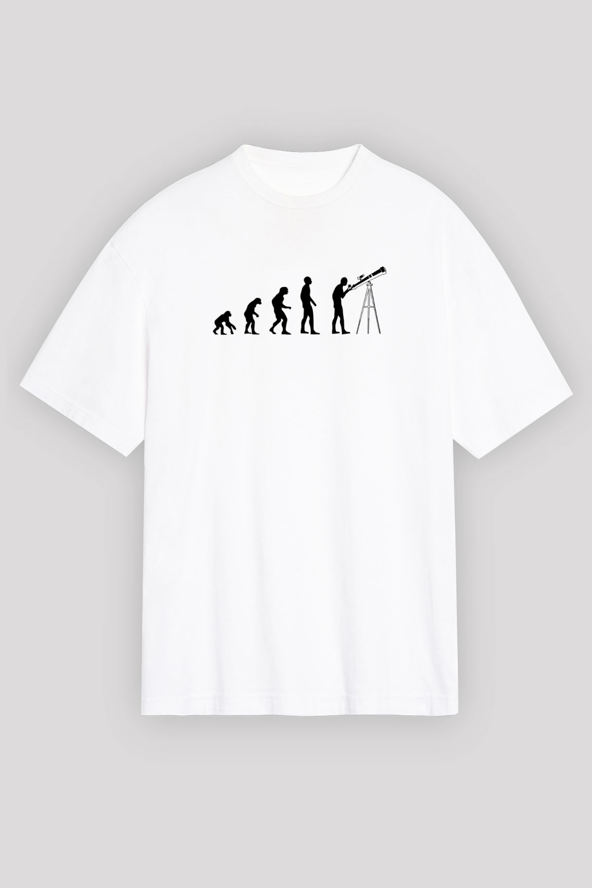 Teleskop Evrim Baskılı Unisex Oversize Beyaz Tişört - Tshirt