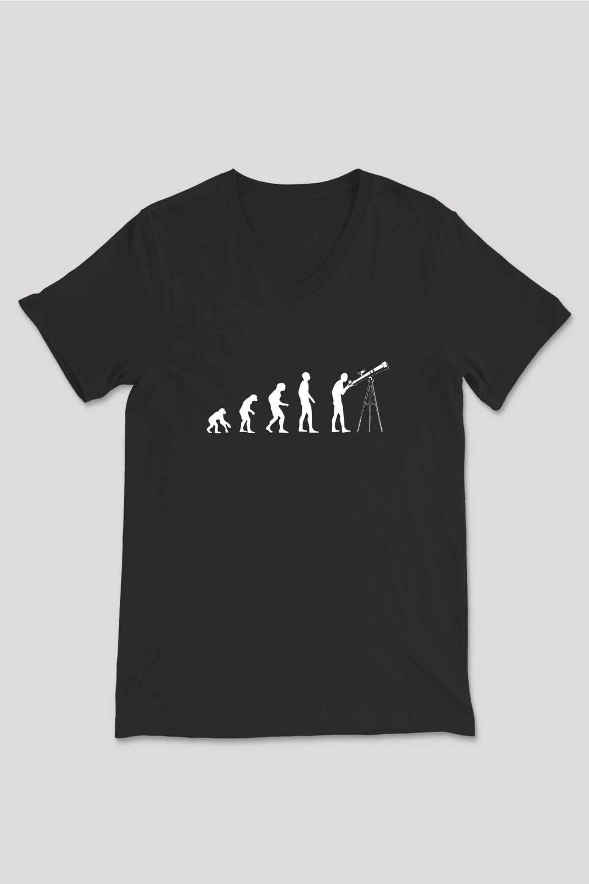 Teleskop Evrim Baskılı Unisex V Yaka Siyah Tİşört - Tshirt