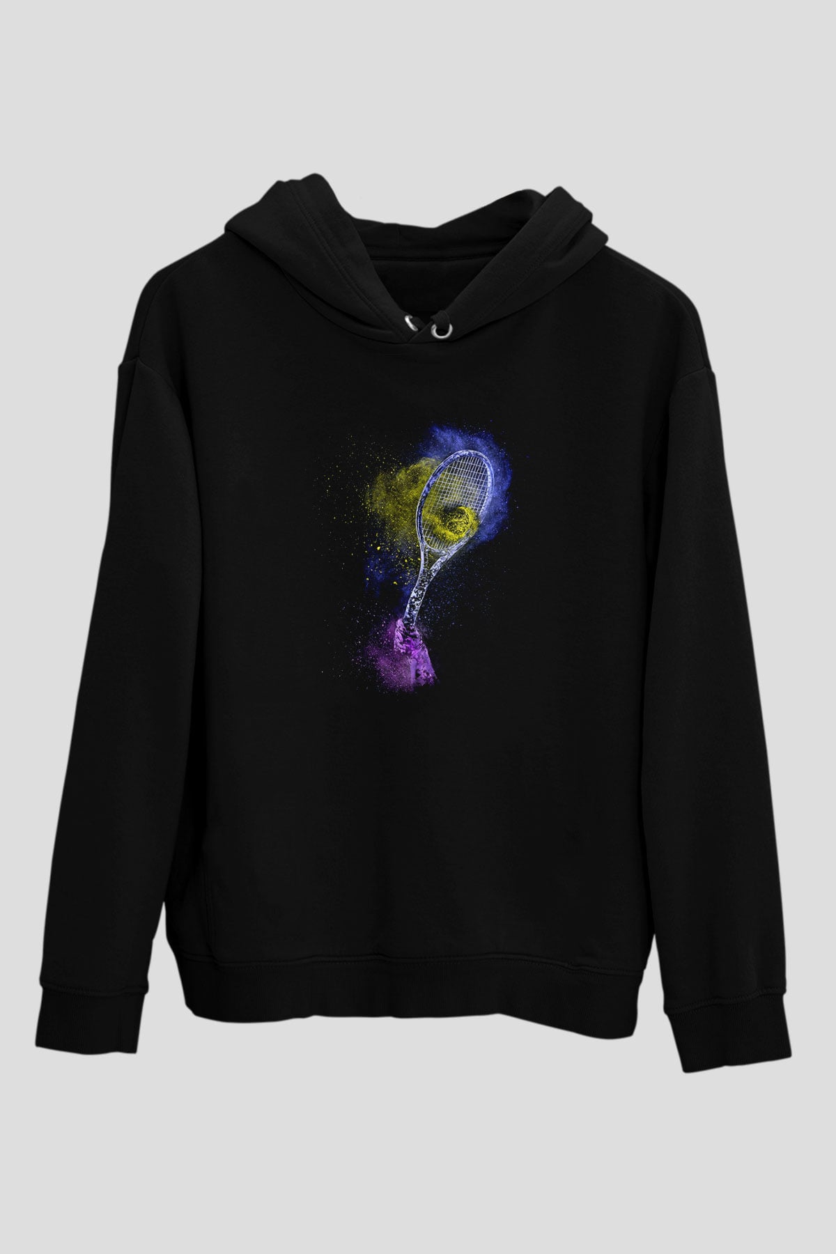 Tenis - Tennis Baskılı Unisex Siyah Kapüşonlu Sweatshirt