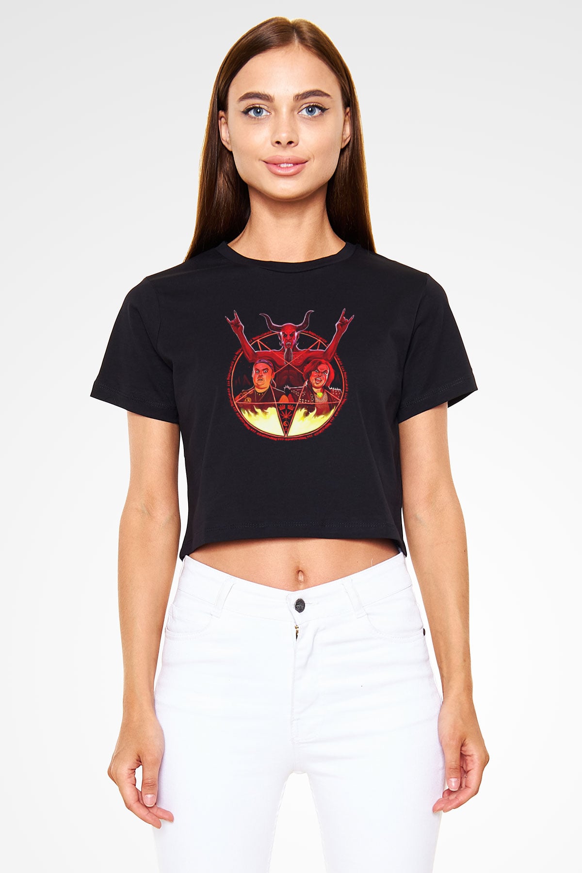 Teracious D Baskılı Siyah Crop Top Kadın Tişört - Tshirt