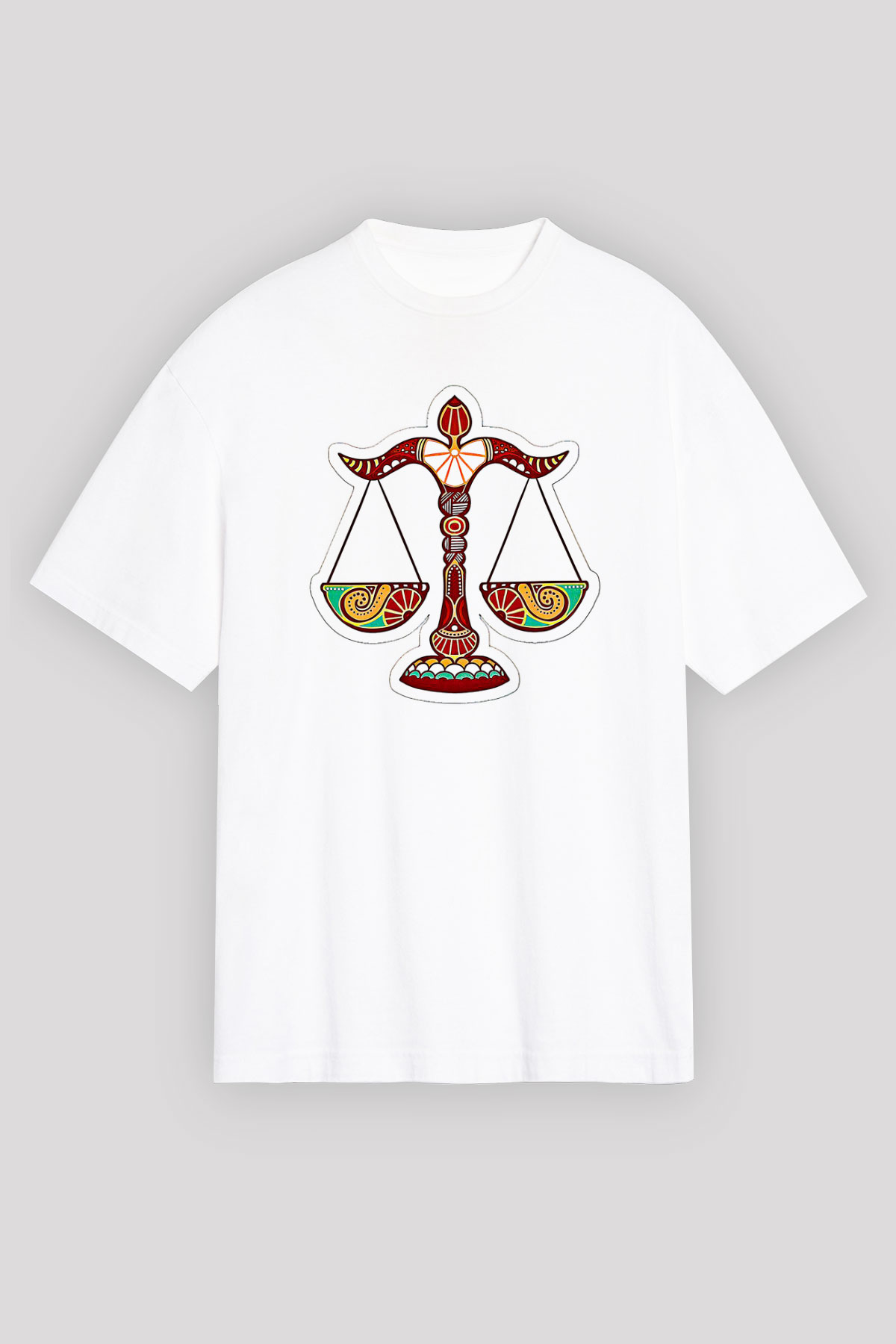Terazi Burcu Baskılı Beyaz Unisex Oversize Tişört - Tshirt