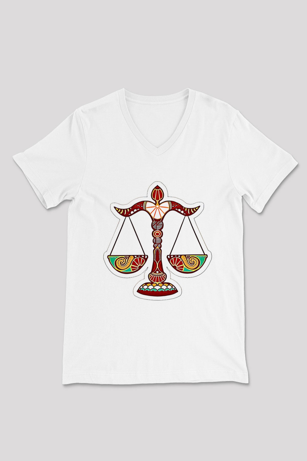 Terazi Burcu Baskılı Beyaz Unisex V Yaka Tişört - Tshirt
