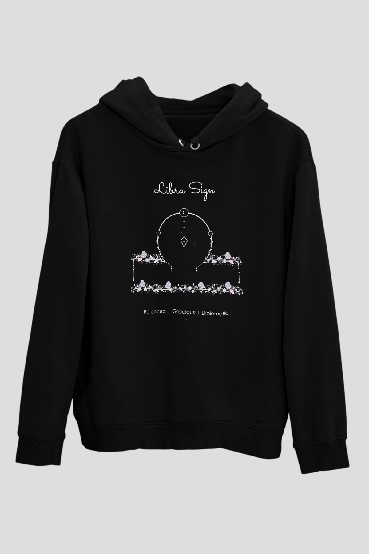 Terazi Burcu Baskılı Unisex Siyah Hoodie
