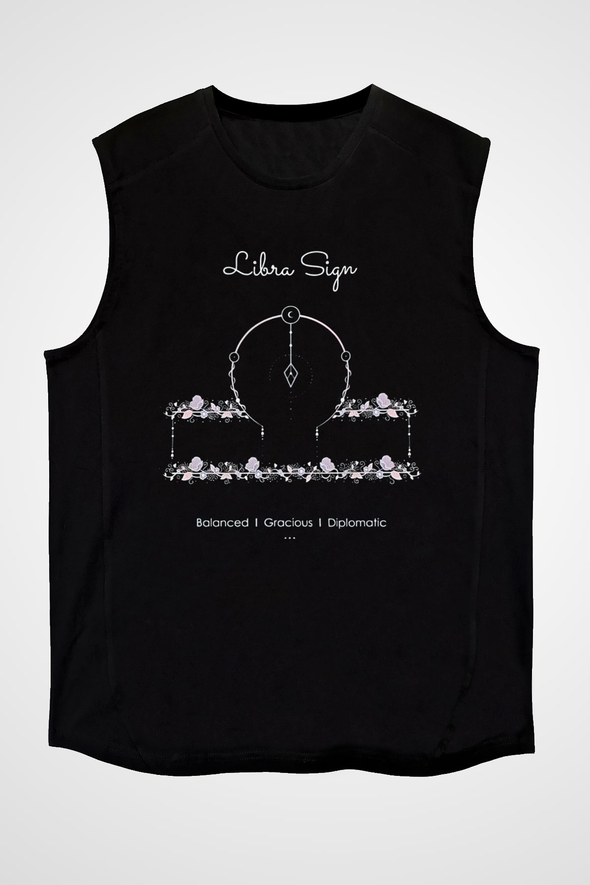 Terazi Burcu Baskılı Unisex Siyah Kolsuz Tişört - Tshirt