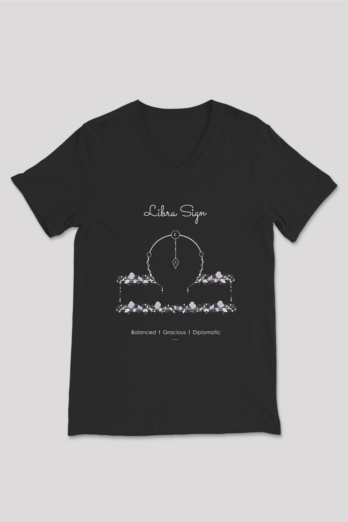 Terazi Burcu Baskılı Unisex Siyah V Yaka Tişört - Tshirt