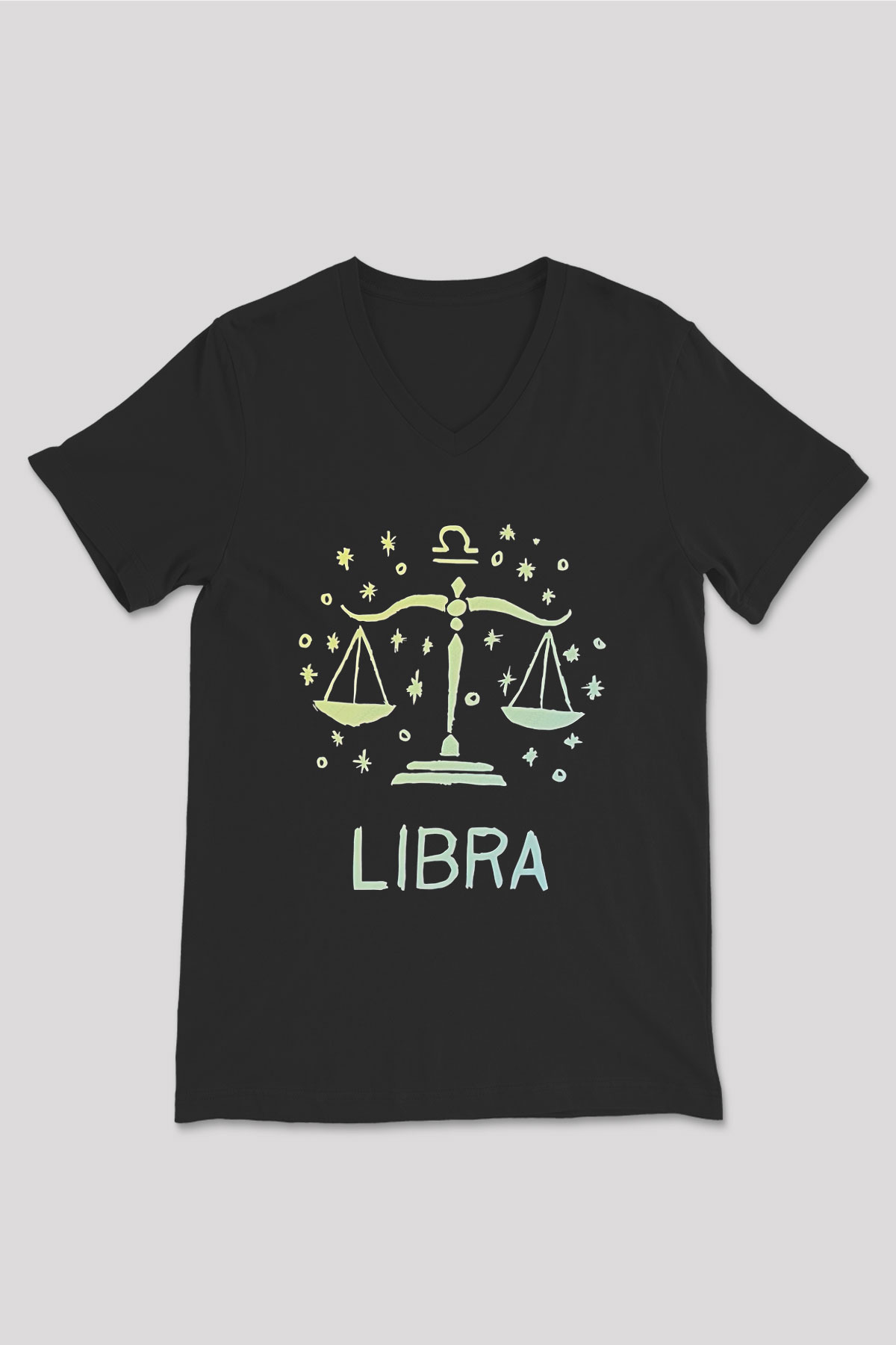Terazi Burcu Baskılı Unisex Siyah V Yaka Tişört - Tshirt