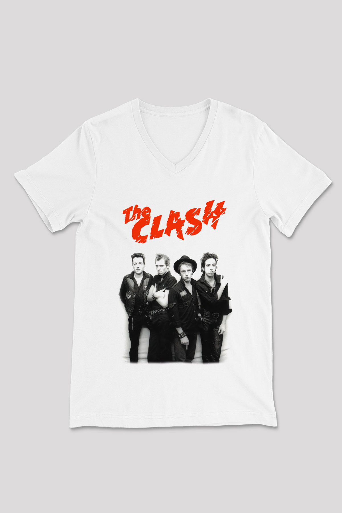 The Clash Beyaz Unisex V Yaka Tişört T-Shirt