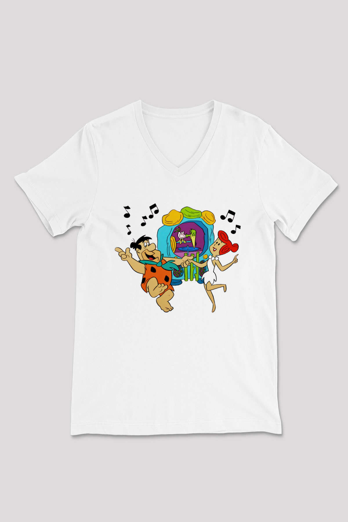 The Flintstones Taş Devri Beyaz Unisex V Yaka Tişört