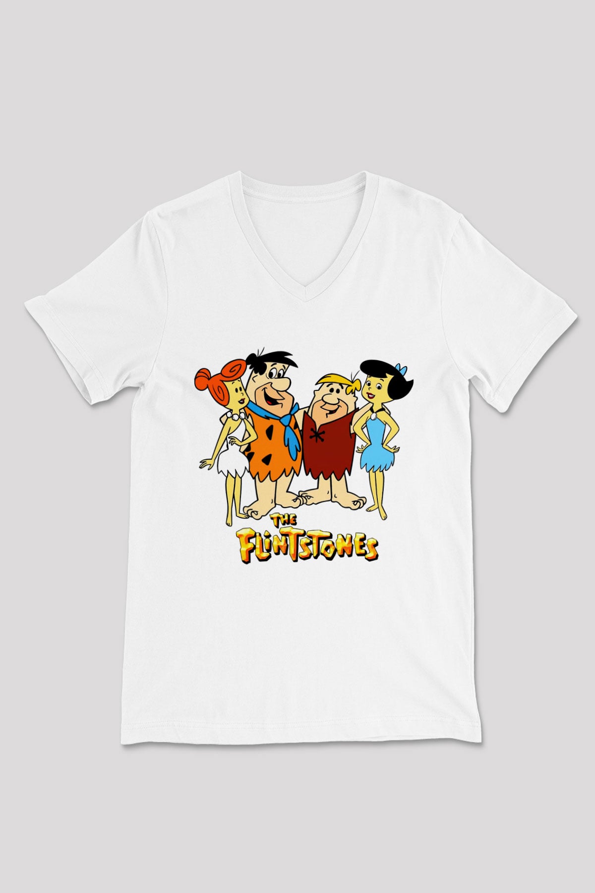 The Flintstones Taş Devri Beyaz Unisex  V Yaka Tişört