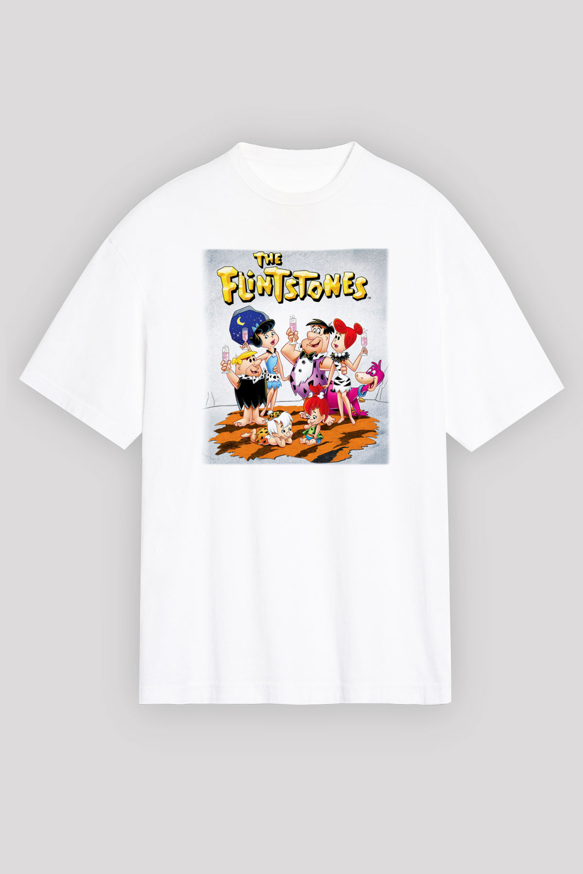The Flintstones Taş Devri Beyaz Unisex Oversize Tişört