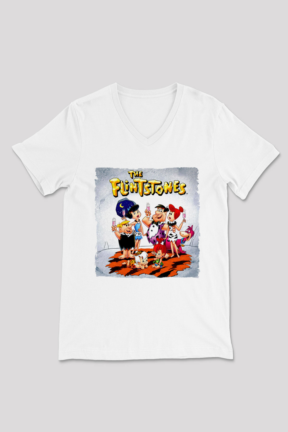The Flintstones Taş Devri Beyaz Unisex  V Yaka Tişört