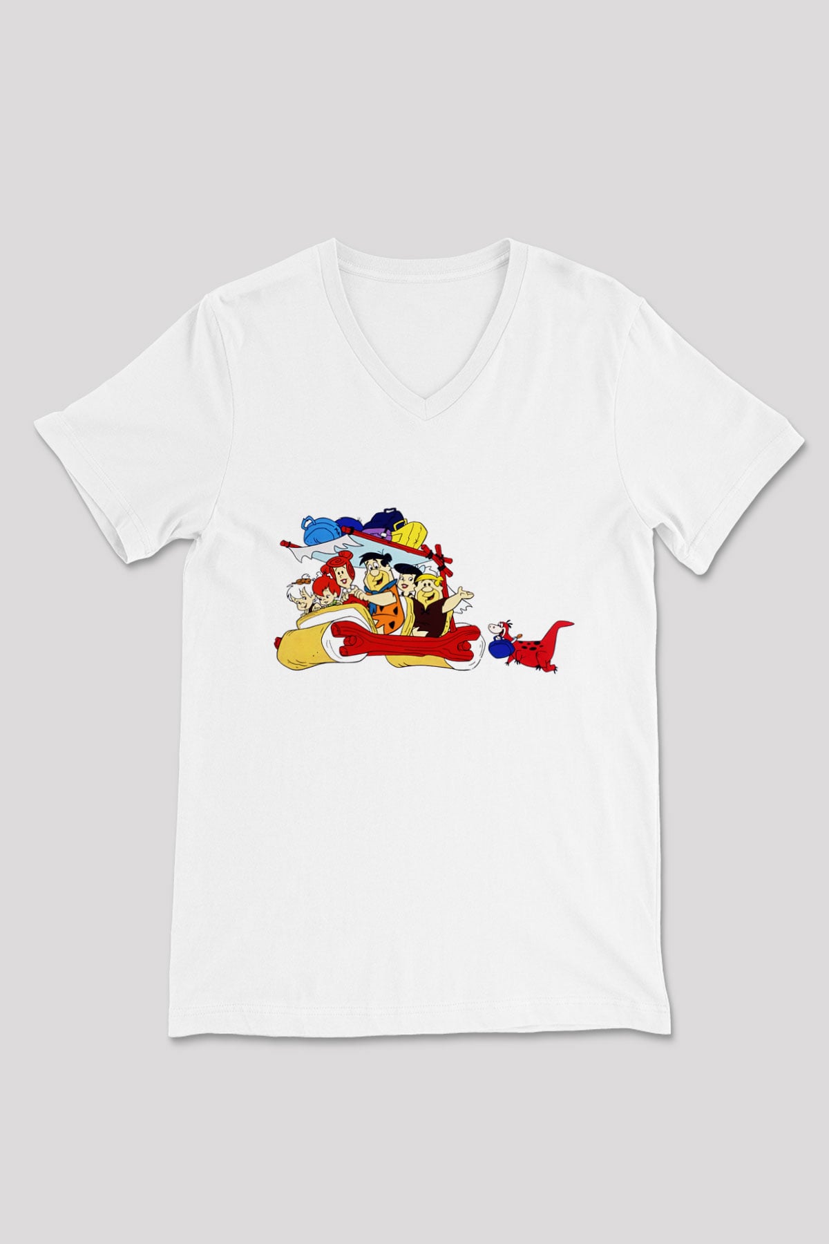 The Flintstones Taş Devri Beyaz Unisex V Yaka Tişört