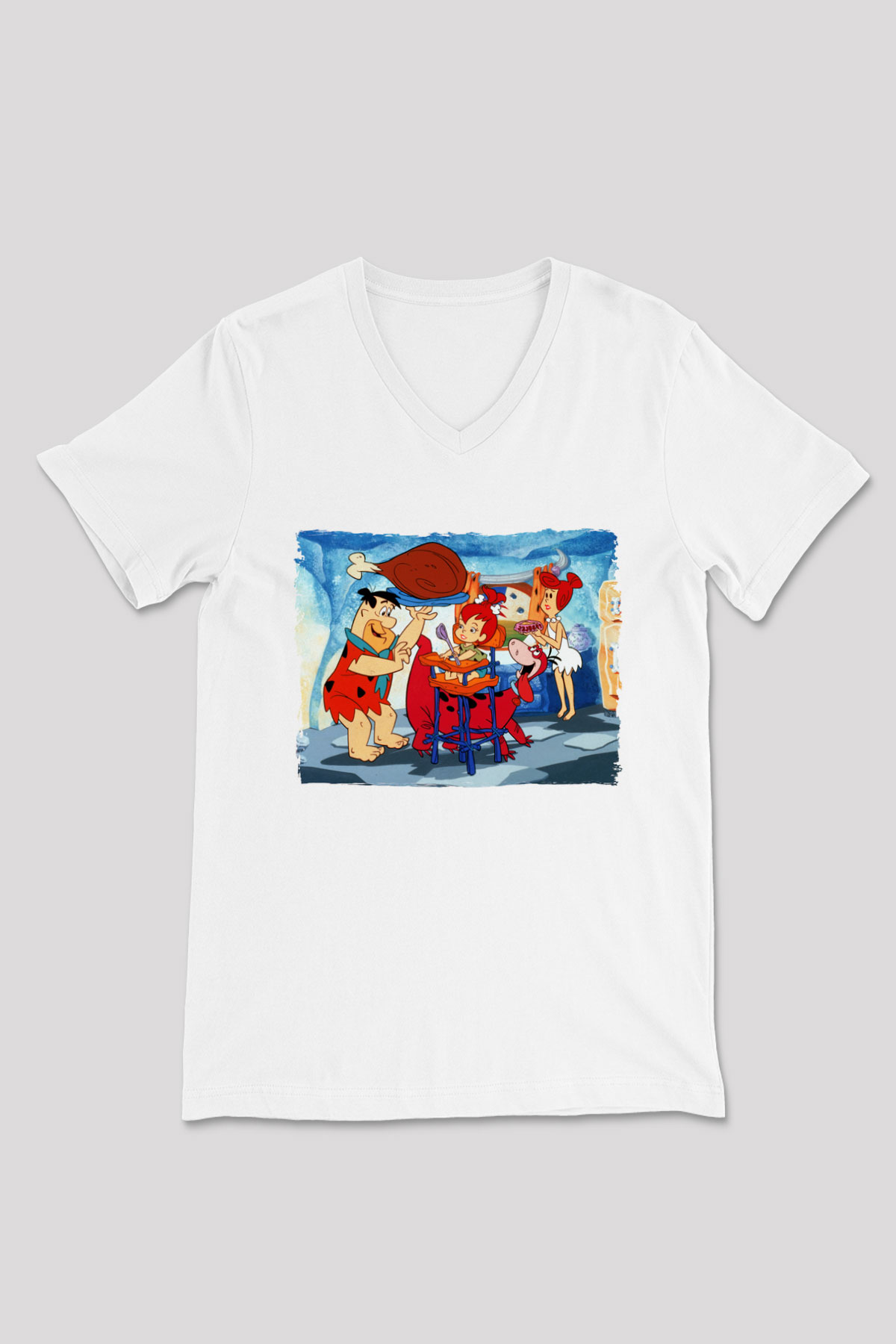 The Flintstones Taş Devri Beyaz Unisex  V Yaka Tişört