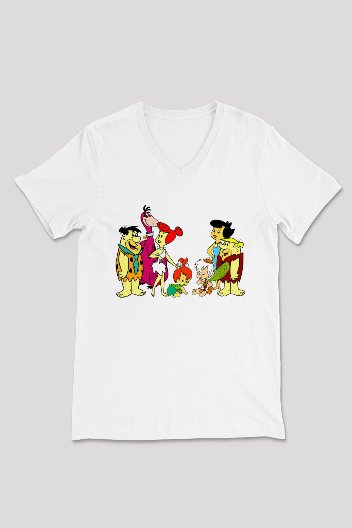 The Flintstones Taş Devri Beyaz Unisex  V Yaka Tişört
